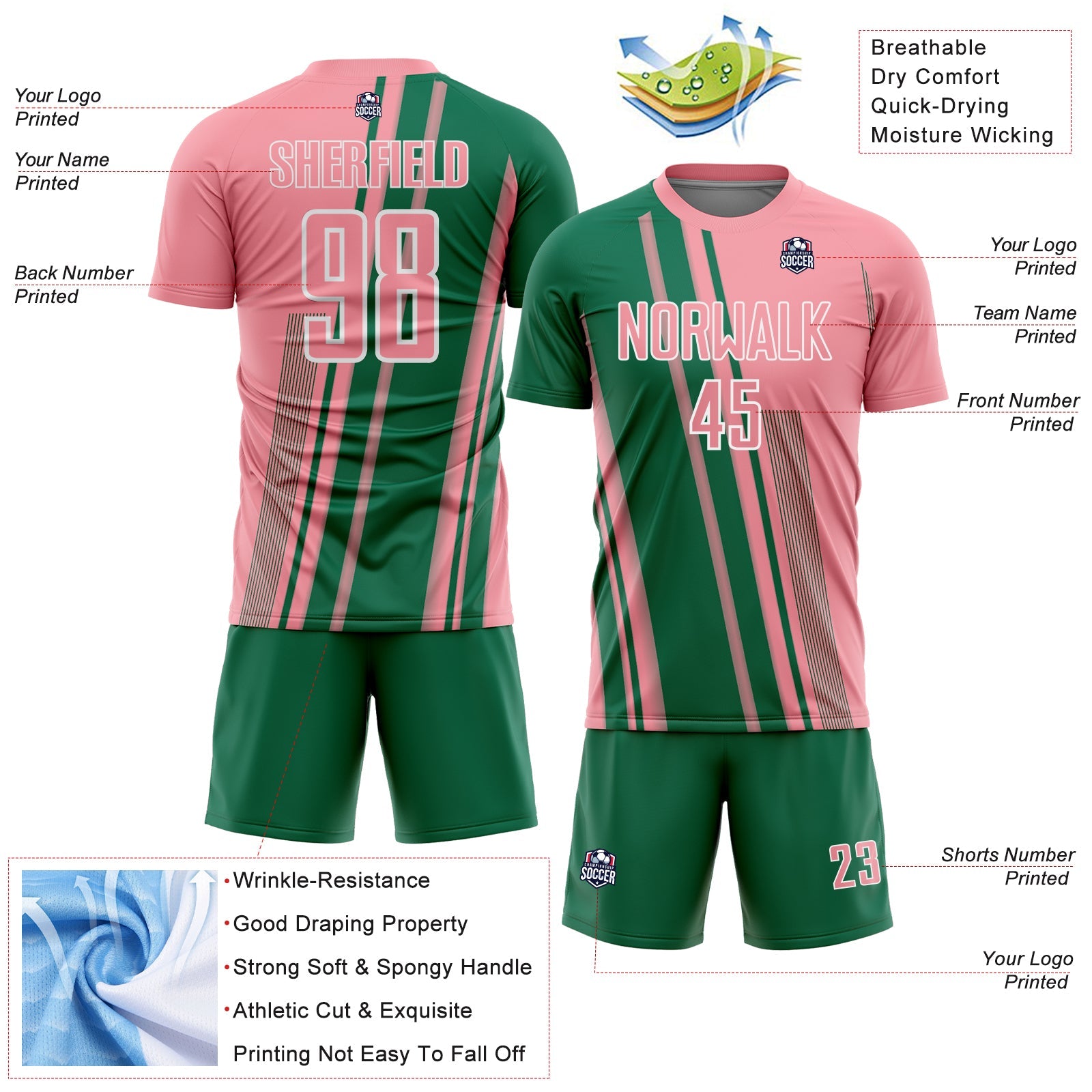 Custom Medium Pink Kelly Green-White Lines Sports Sublimation Soccer Uniform Jersey