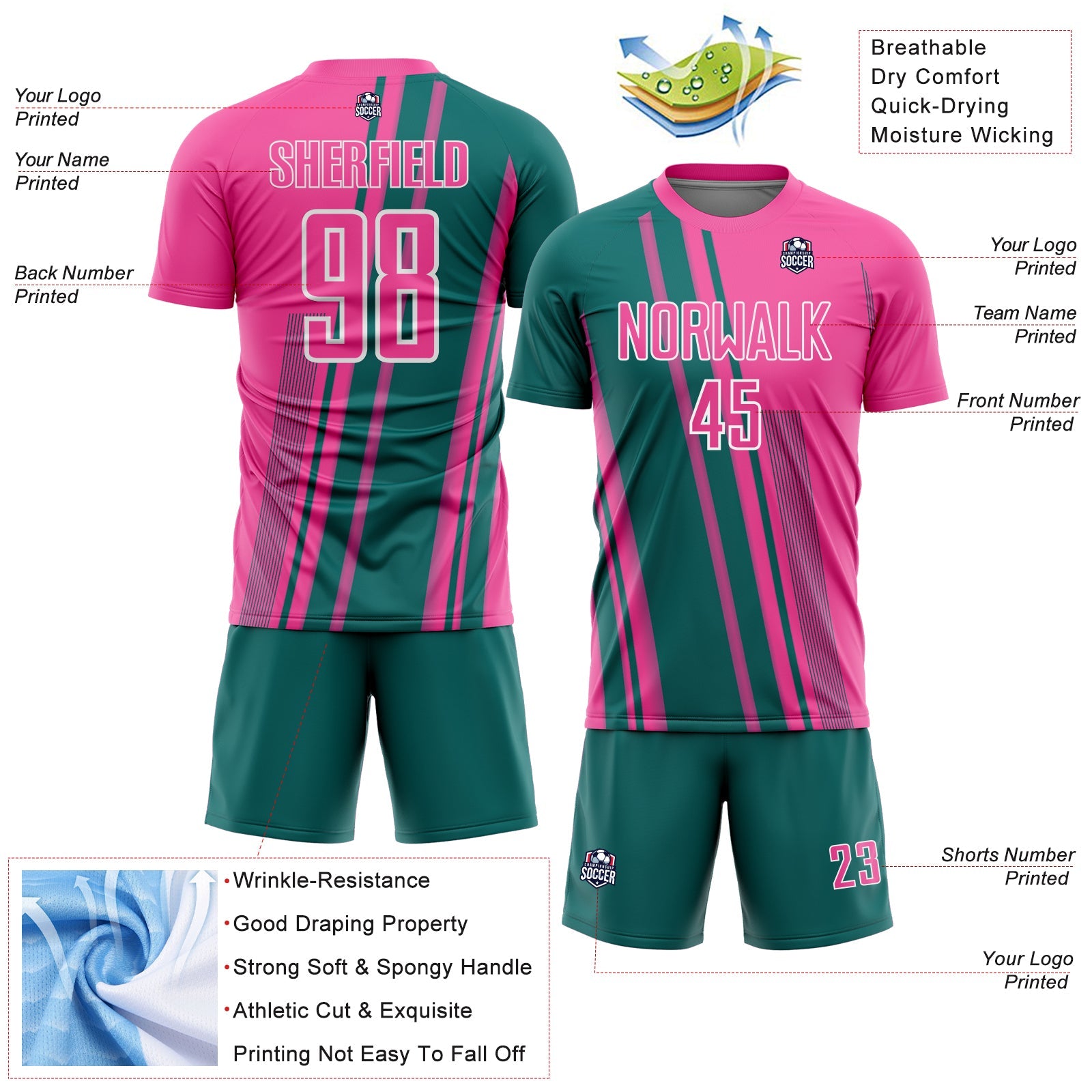 Custom Pink Teal-White Lines Sports Sublimation Soccer Uniform Jersey