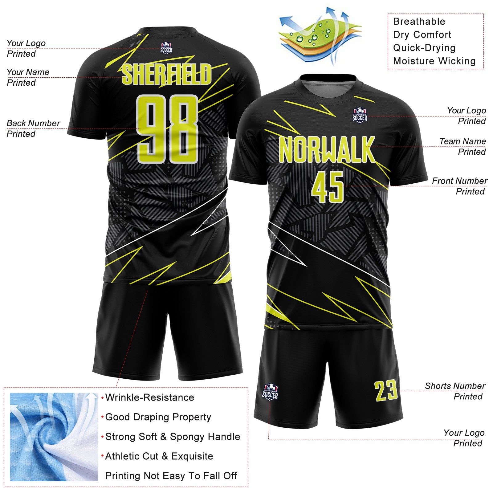 Custom Black Neon Yellow-White Lines Sports Sublimation Soccer Uniform Jersey