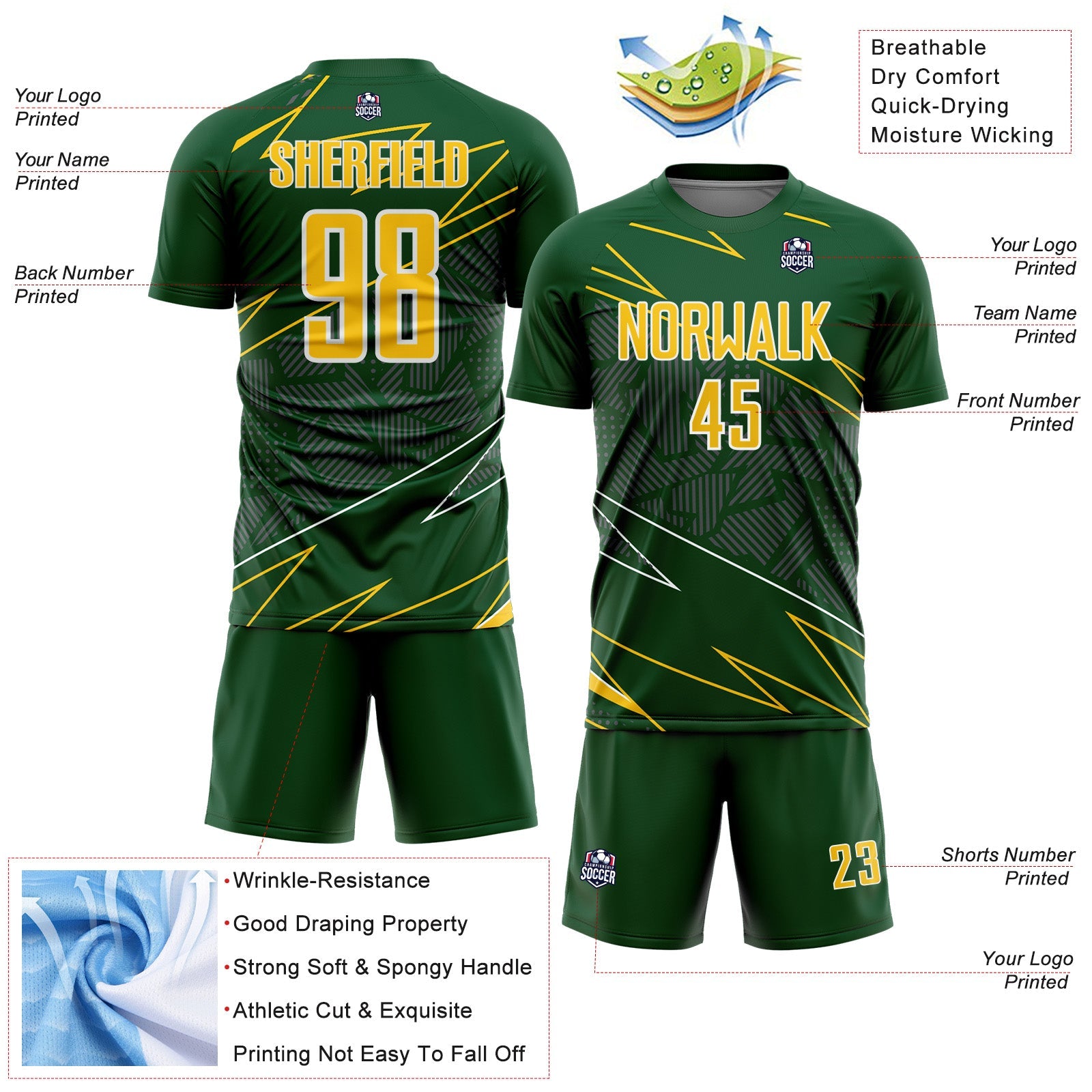 Custom Green Yellow-White Lines Sports Sublimation Soccer Uniform Jersey