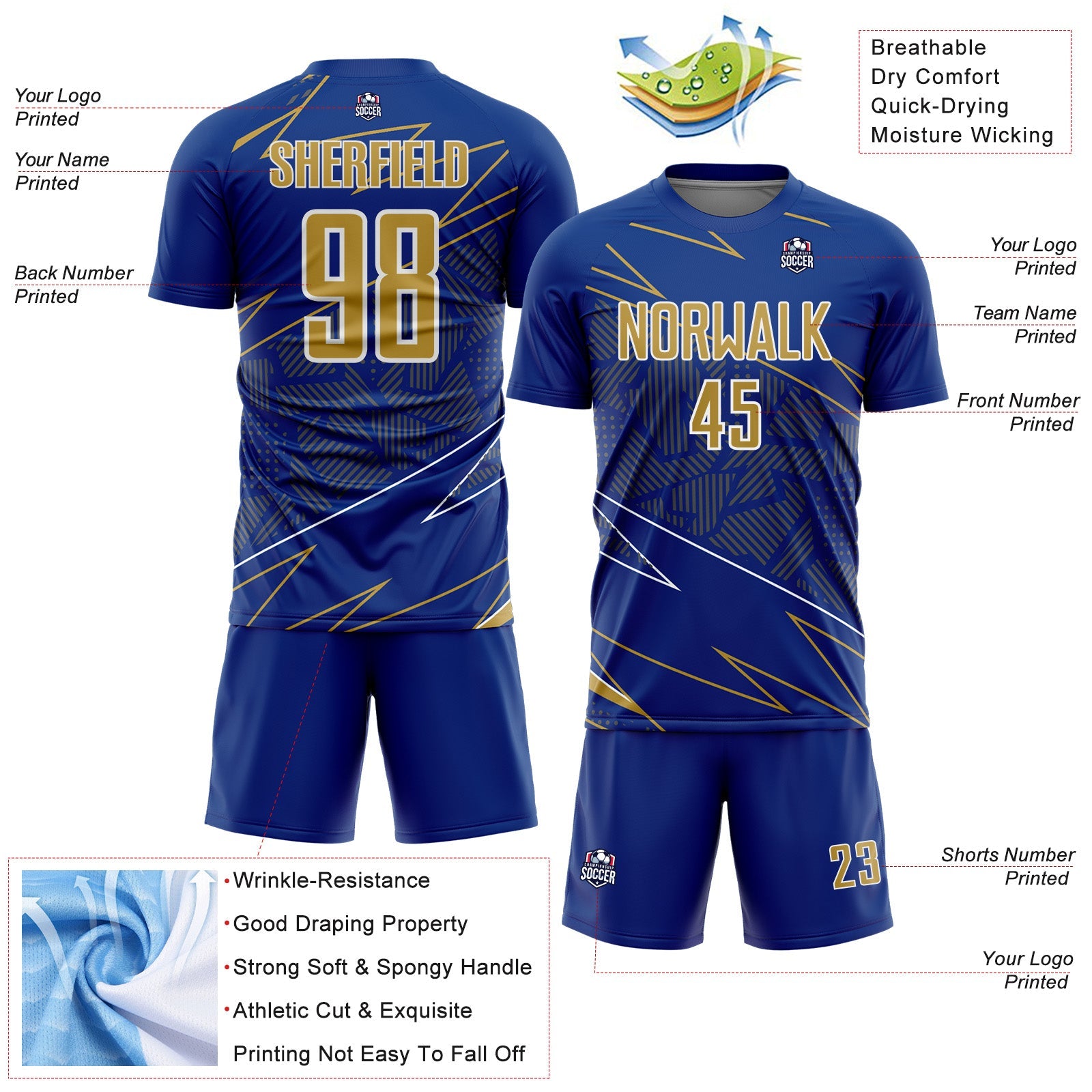 Custom Royal Old Gold-White Lines Sports Sublimation Soccer Uniform Jersey