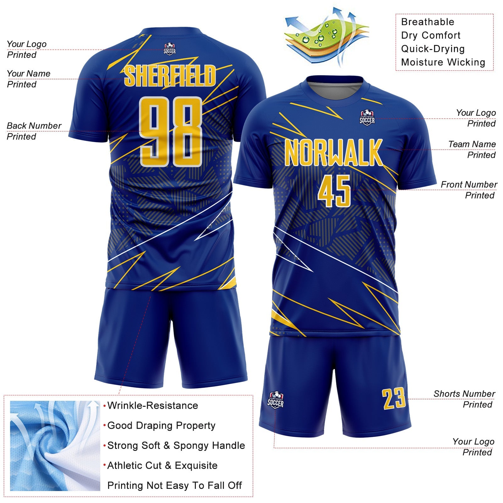 Custom Royal Yellow-White Lines Sports Sublimation Soccer Uniform Jersey