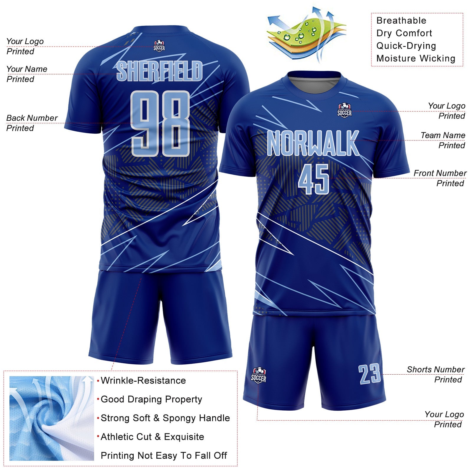 Custom Royal Light Blue-White Lines Sports Sublimation Soccer Uniform Jersey
