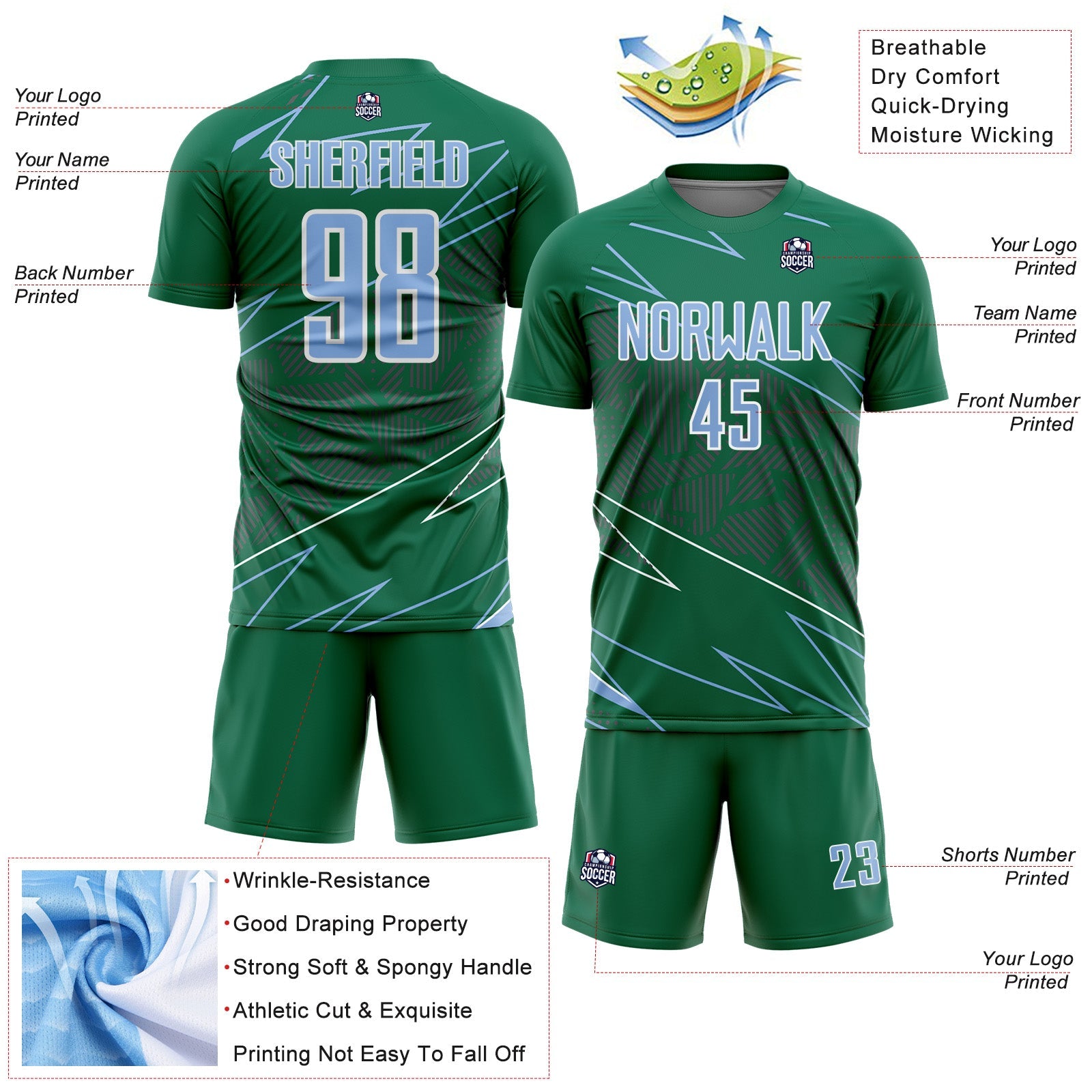 Custom Kelly Green Light Blue-White Lines Sports Sublimation Soccer Uniform Jersey