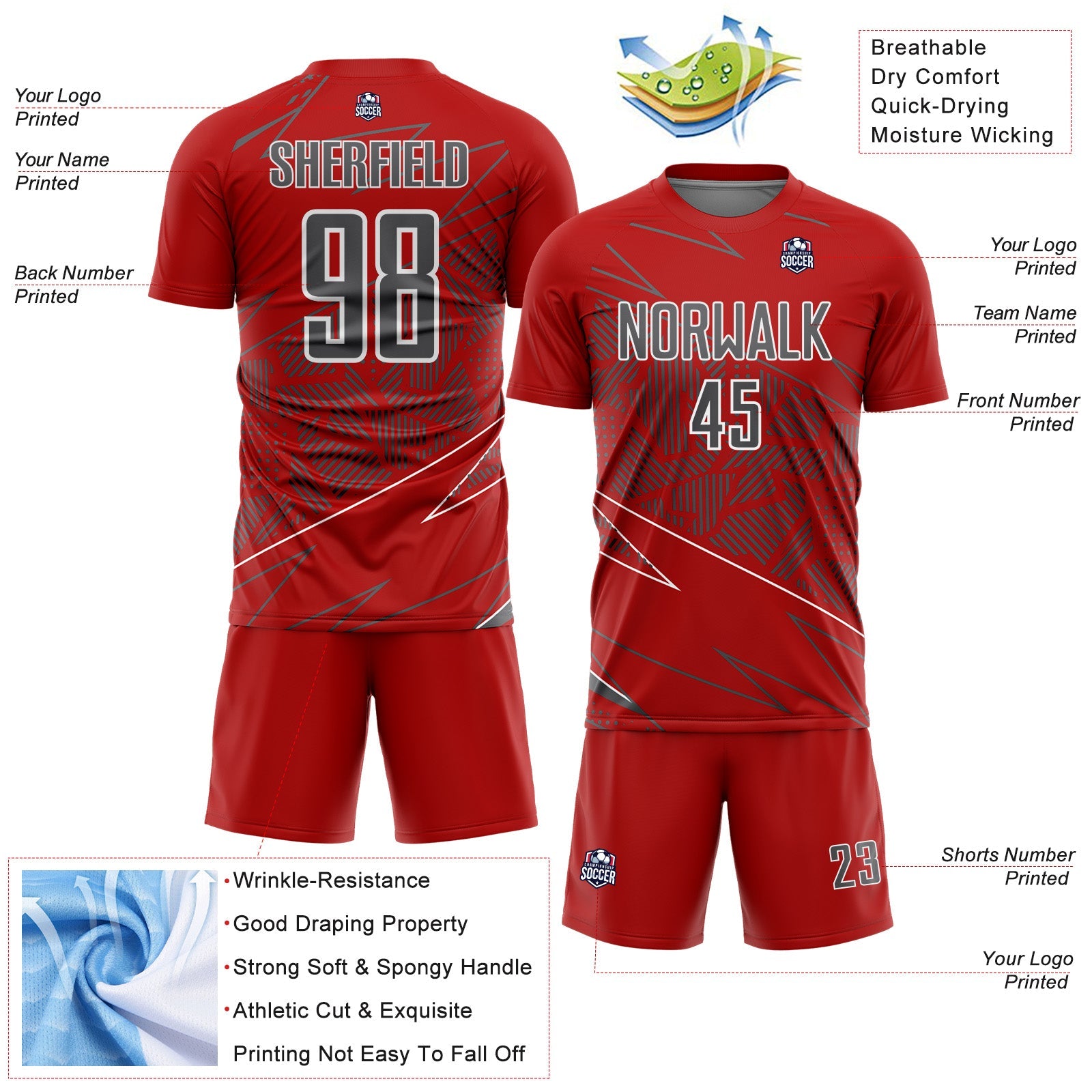Custom Red Steel Gray-White Lines Sports Sublimation Soccer Uniform Jersey