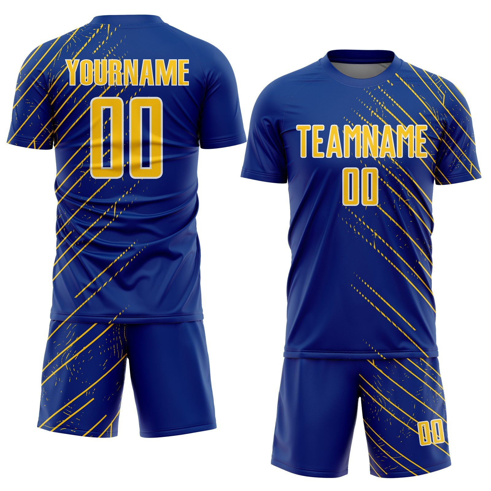 Custom Royal Yellow-White Lines Sports Sublimation Soccer Uniform Jersey