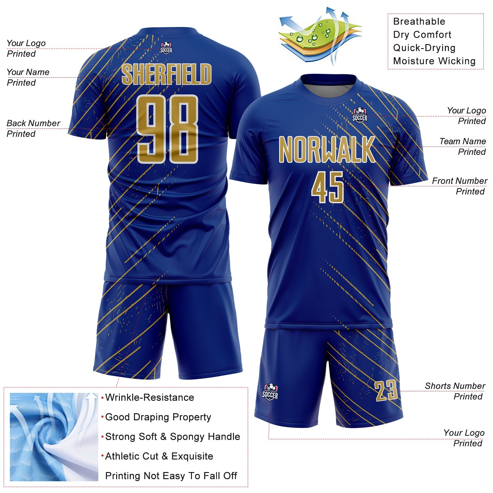 Custom Royal Old Gold-White Lines Sports Sublimation Soccer Uniform Jersey