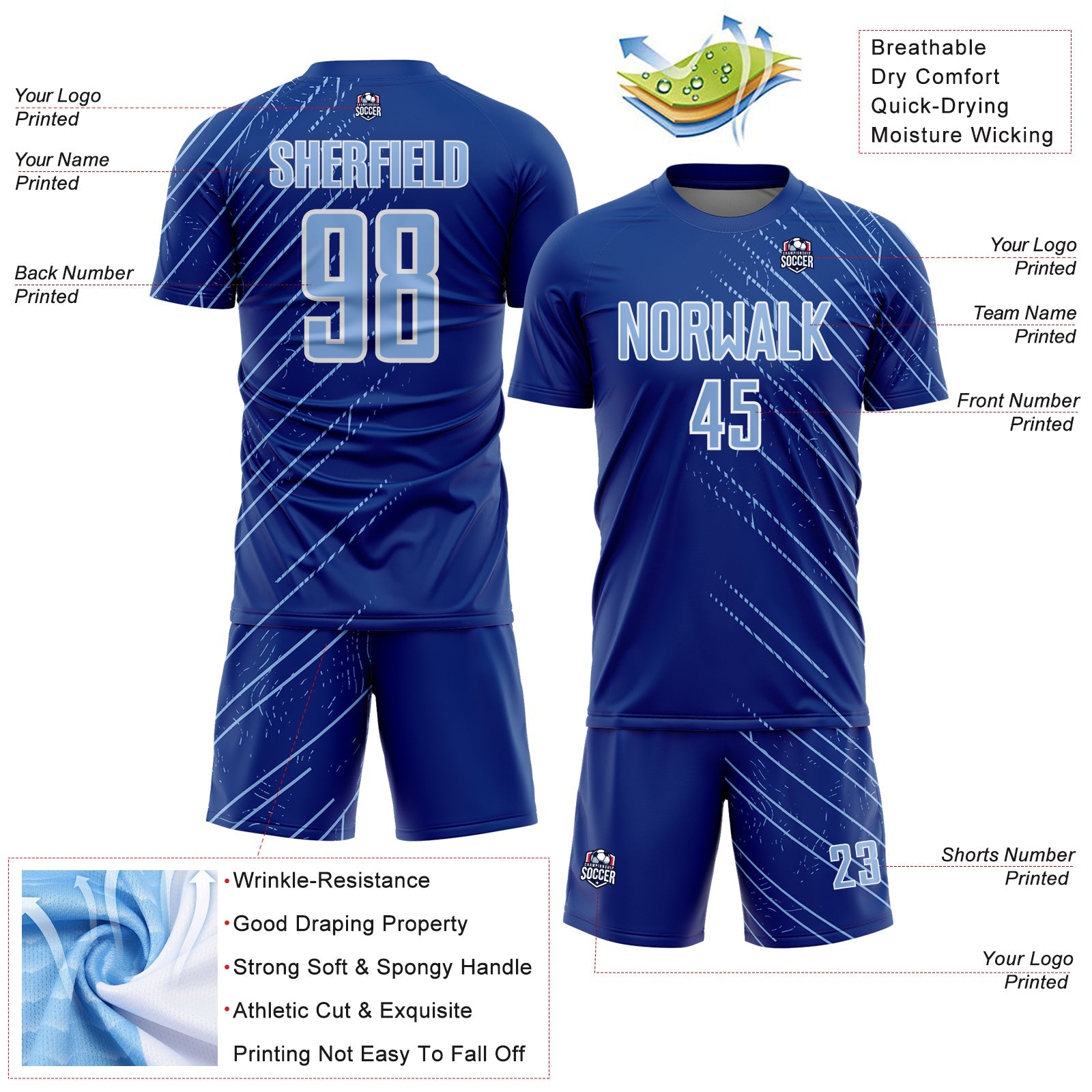 Custom Royal Light Blue-White Lines Sports Sublimation Soccer Uniform Jersey