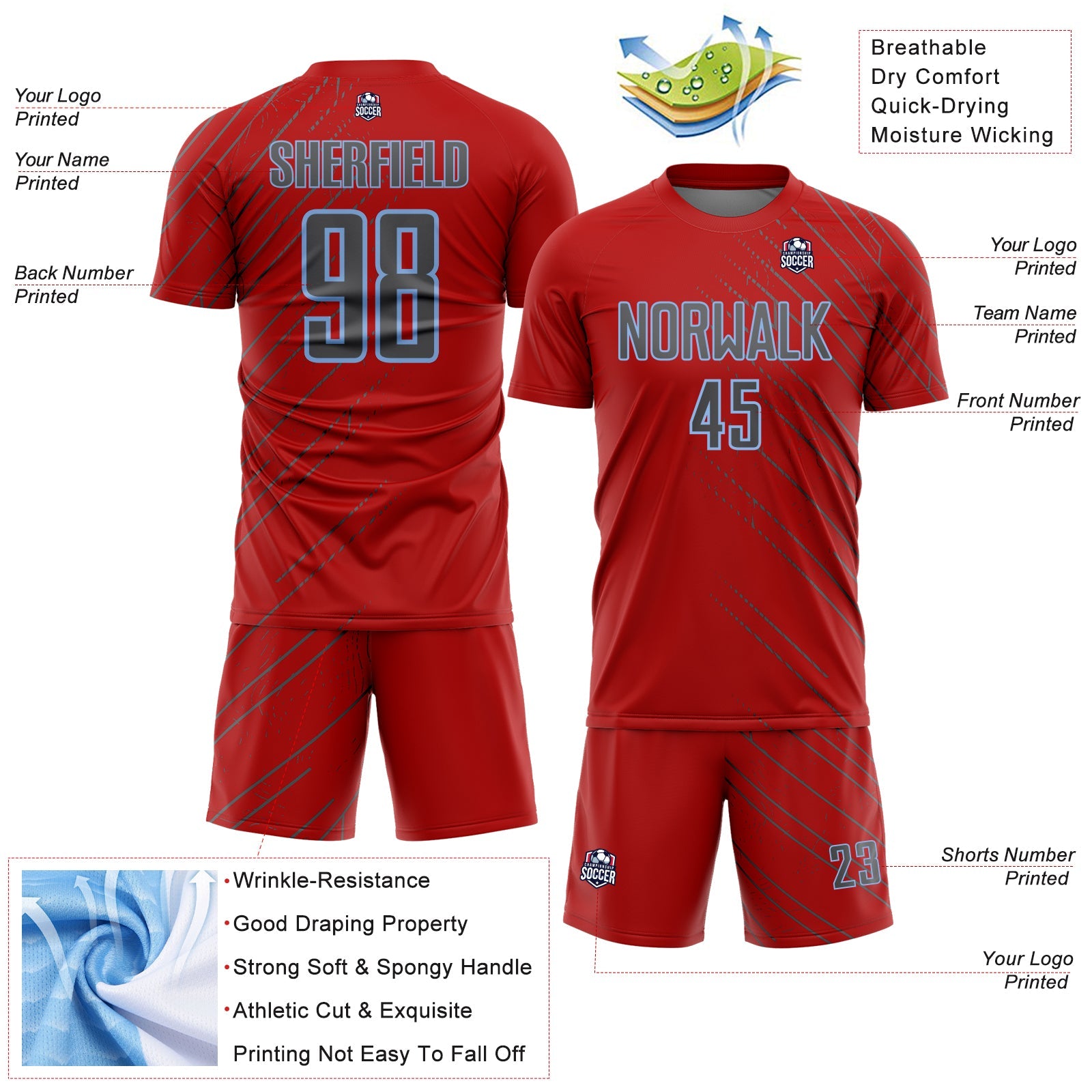 Custom Red Steel Gray-Light Blue Lines Sports Sublimation Soccer Uniform Jersey