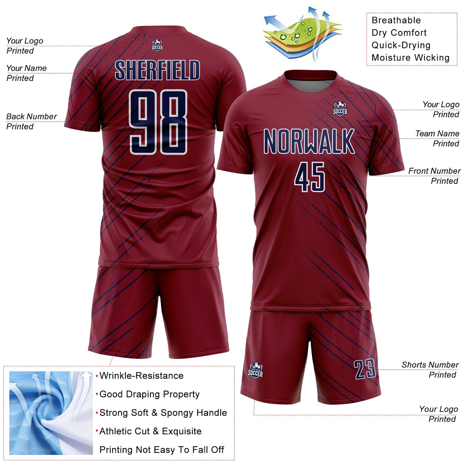 Custom Crimson Navy-Black Lines Sports Sublimation Soccer Uniform Jersey