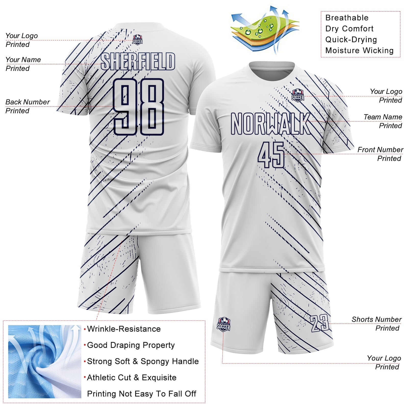 Custom White Navy Lines Sports Sublimation Soccer Uniform Jersey