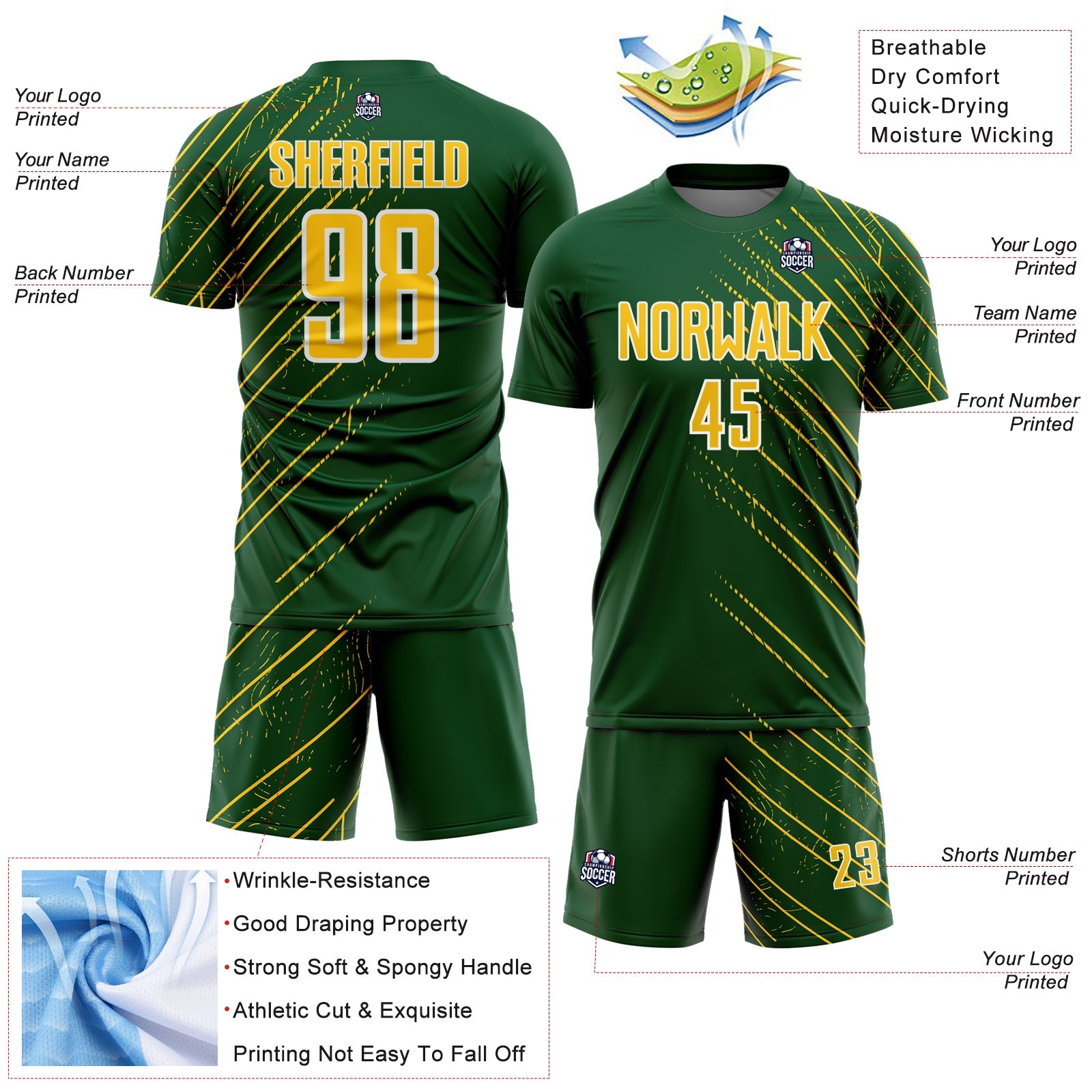Custom Green Yellow-White Lines Sports Sublimation Soccer Uniform Jersey