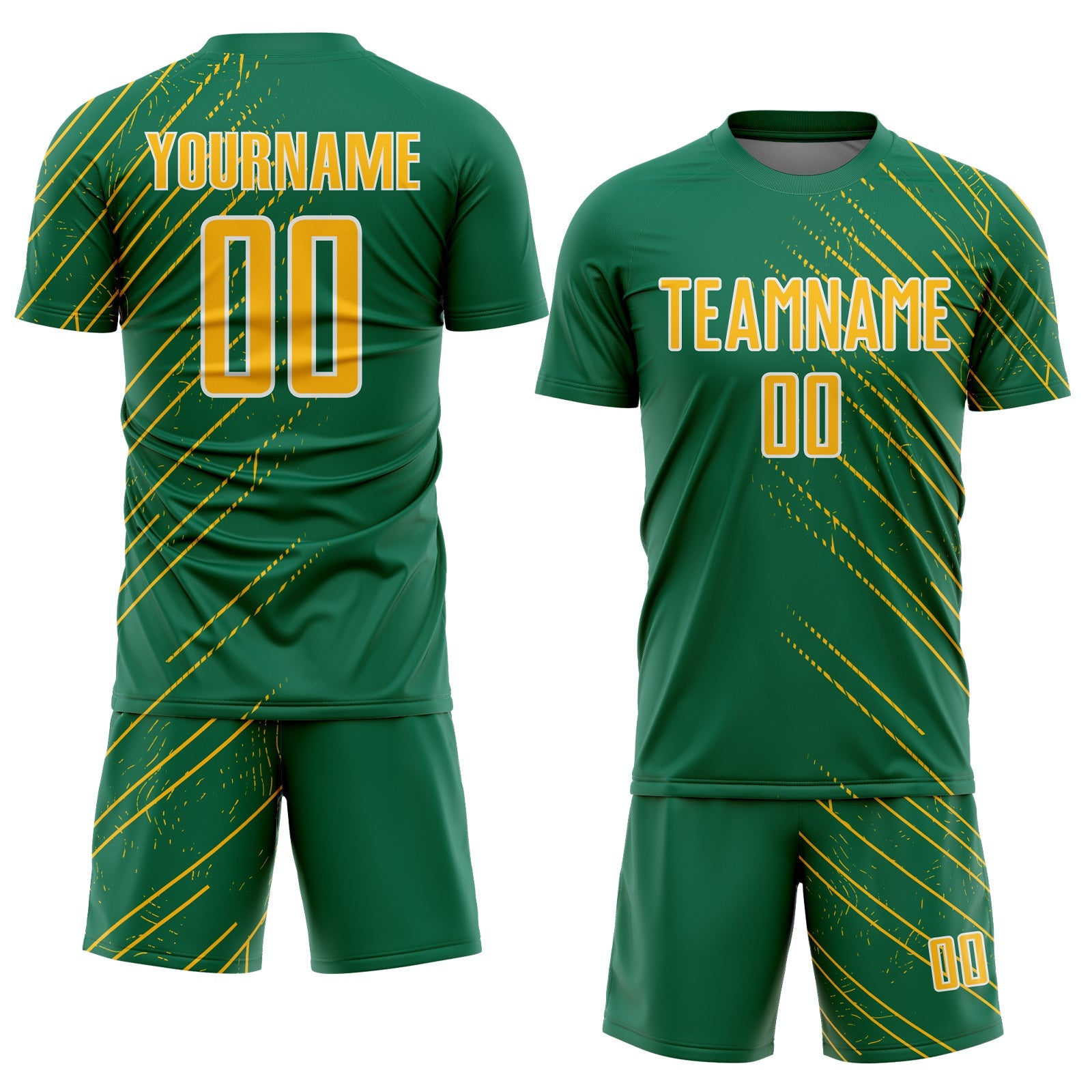 Custom Kelly Green Gold-White Lines Sports Sublimation Soccer Uniform Jersey