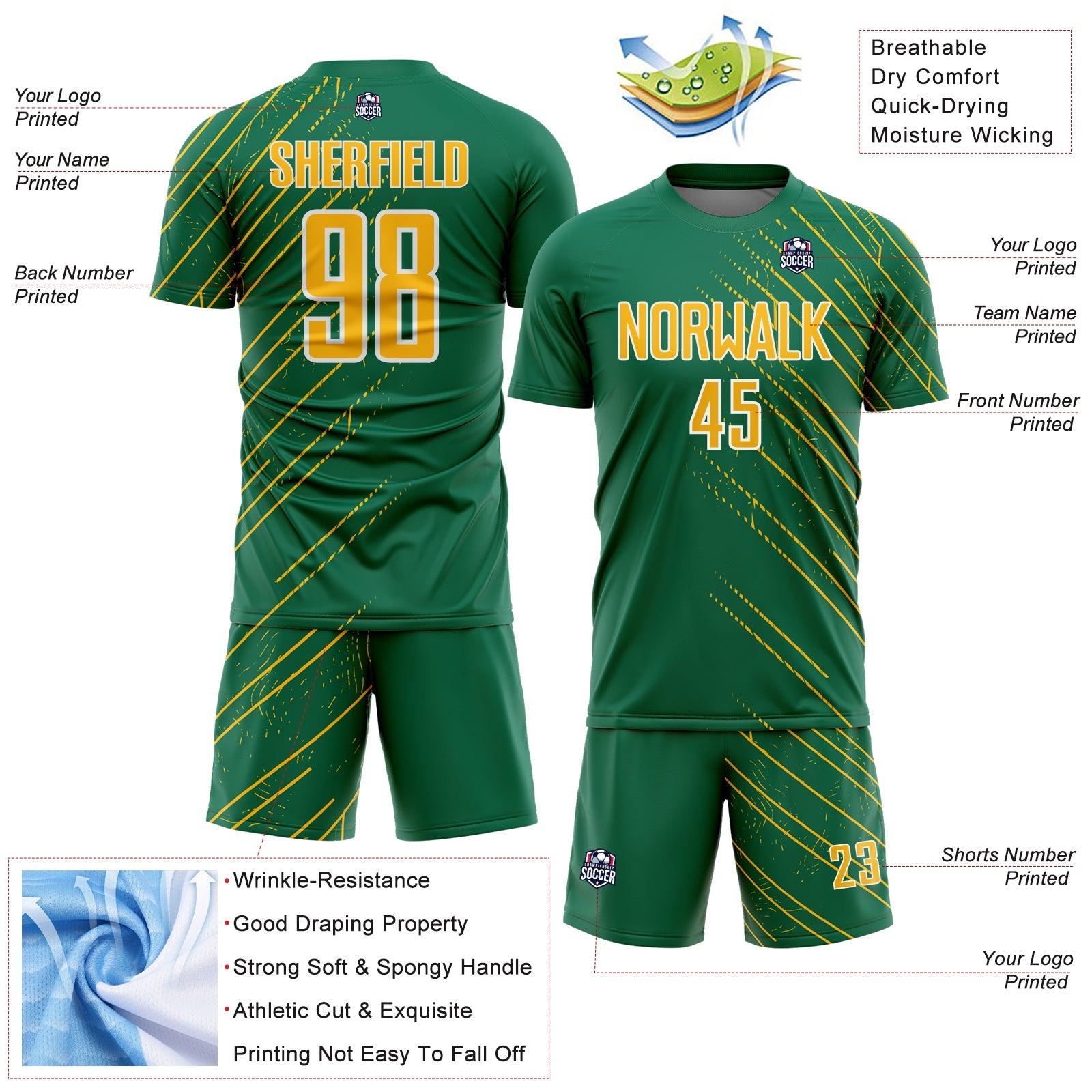 Custom Kelly Green Gold-White Lines Sports Sublimation Soccer Uniform Jersey