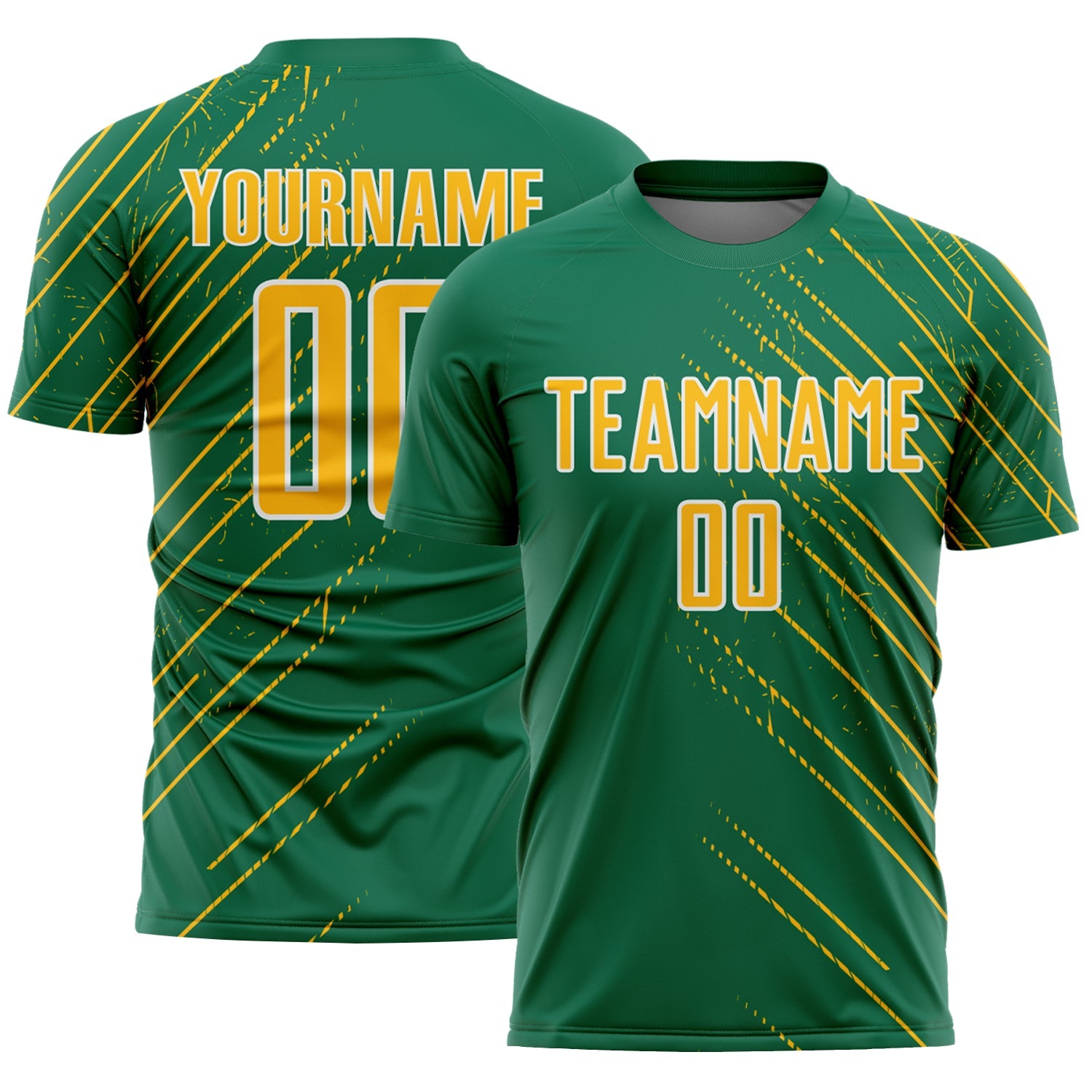Custom Kelly Green Gold-White Lines Sports Sublimation Soccer Uniform Jersey