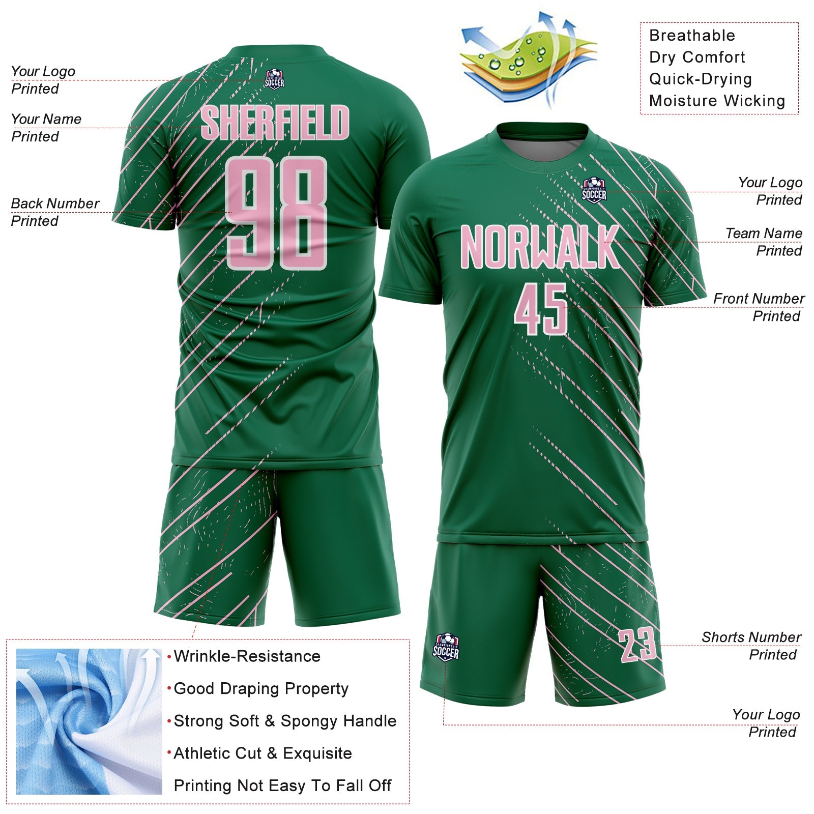 Custom Kelly Green Light Pink-White Lines Sports Sublimation Soccer Uniform Jersey