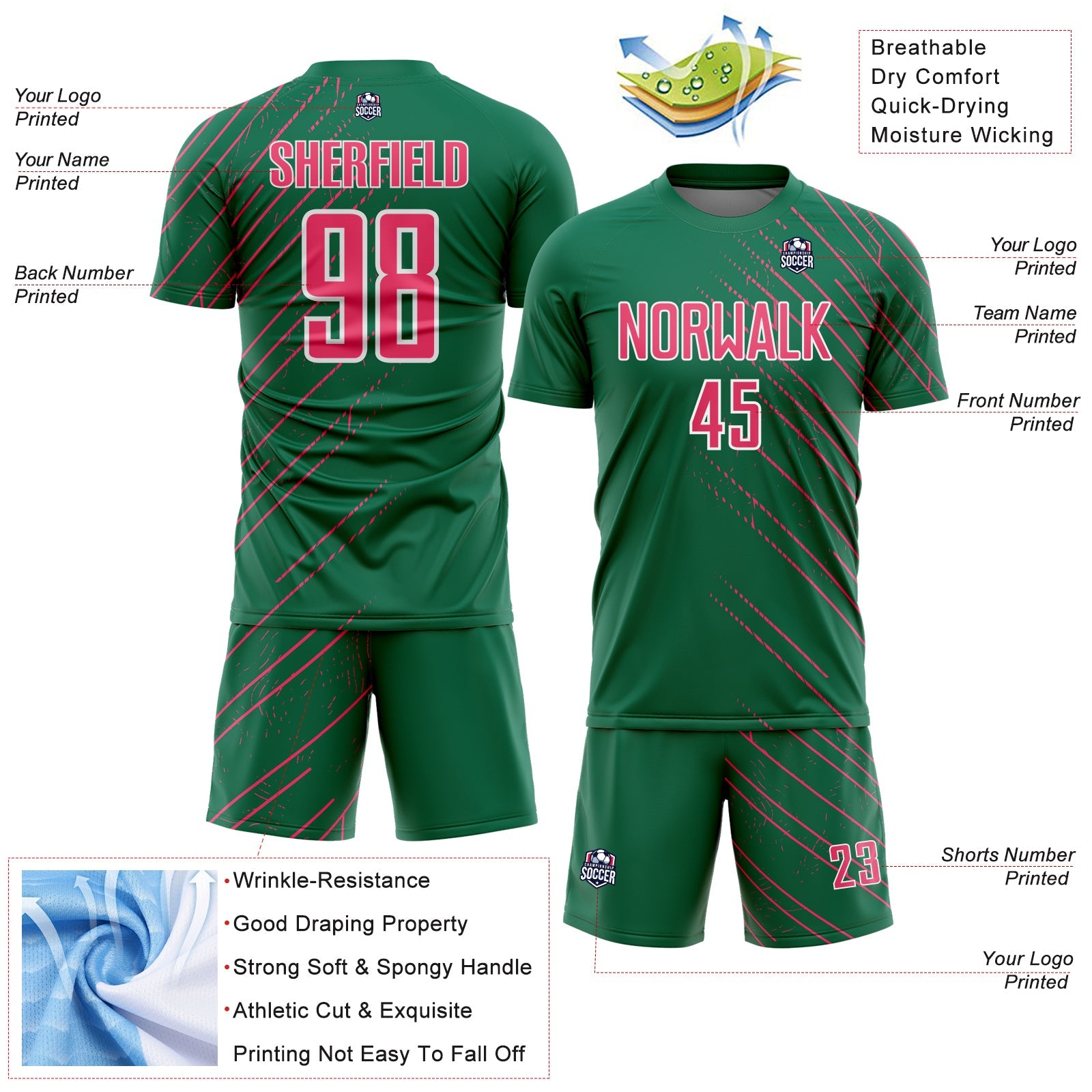 Custom Kelly Green Neon Pink-White Lines Sports Sublimation Soccer Uniform Jersey