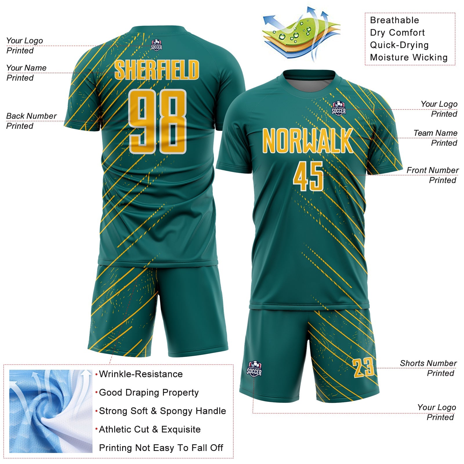 Custom Teal Gold-White Lines Sports Sublimation Soccer Uniform Jersey
