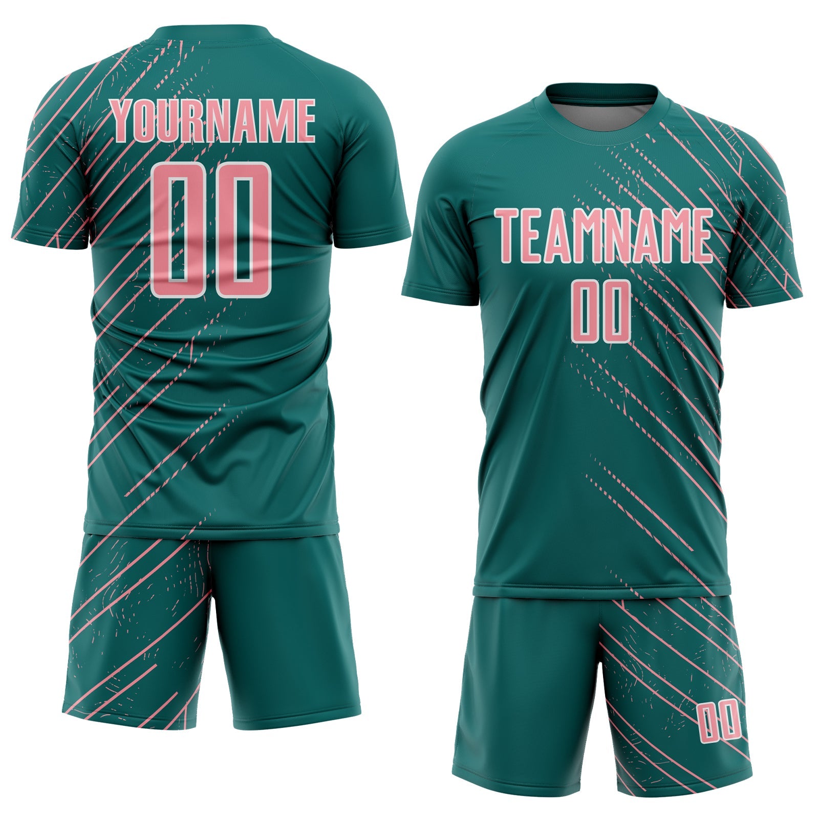 Custom Teal Medium Pink-White Lines Sports Sublimation Soccer Uniform Jersey