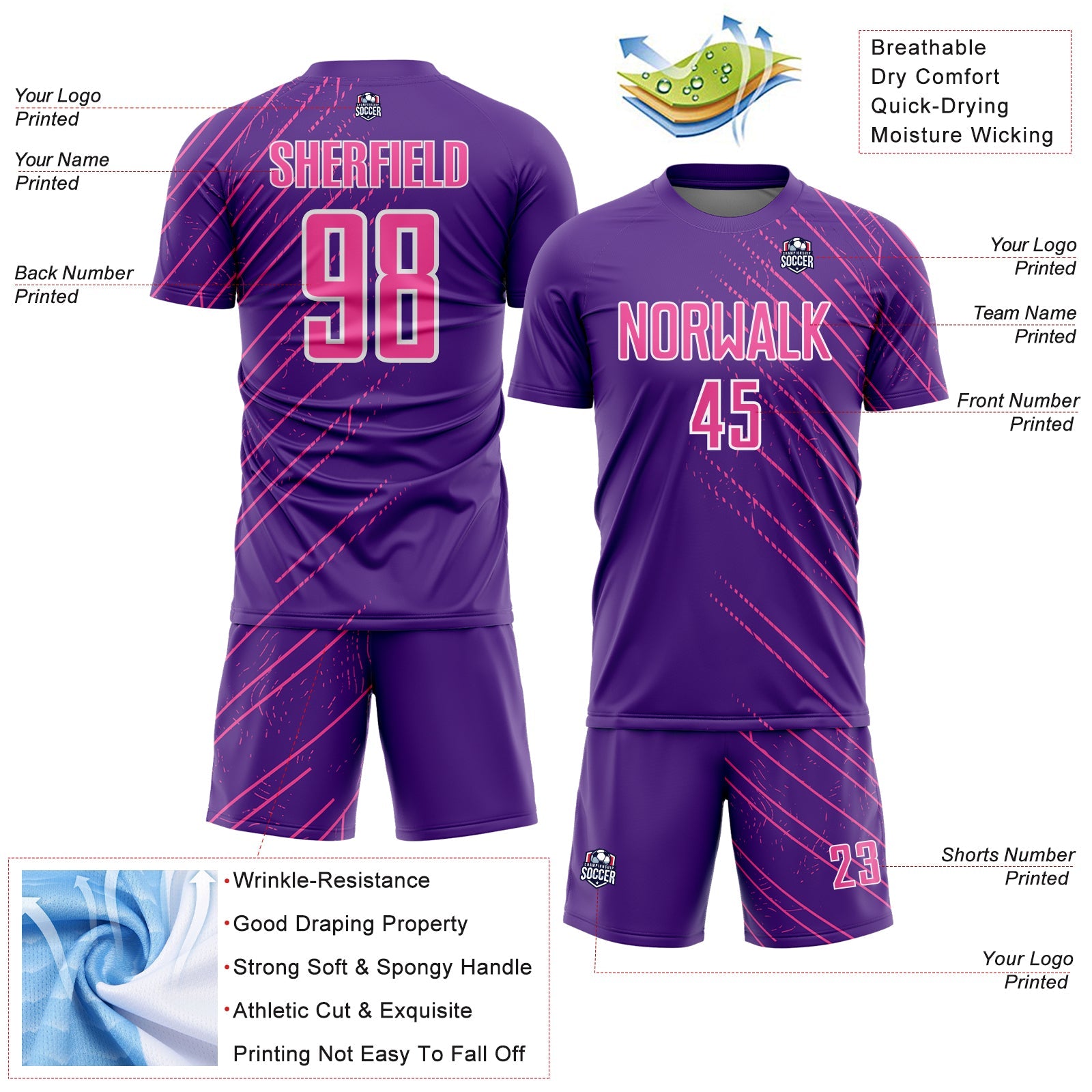 Custom Purple Pink-White Lines Sports Sublimation Soccer Uniform Jersey