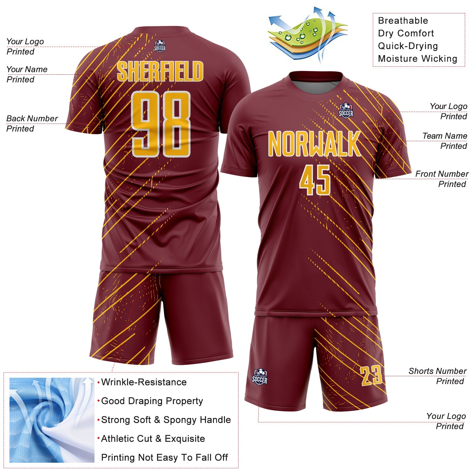 Custom Burgundy Gold-White Lines Sports Sublimation Soccer Uniform Jersey