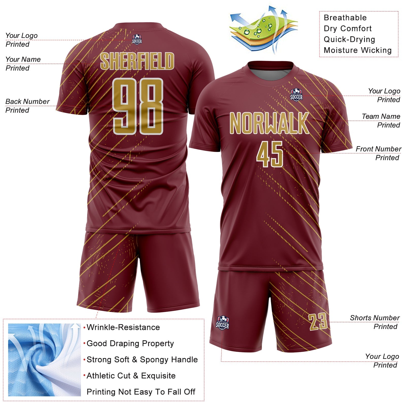 Custom Burgundy Old Gold-White Lines Sports Sublimation Soccer Uniform Jersey