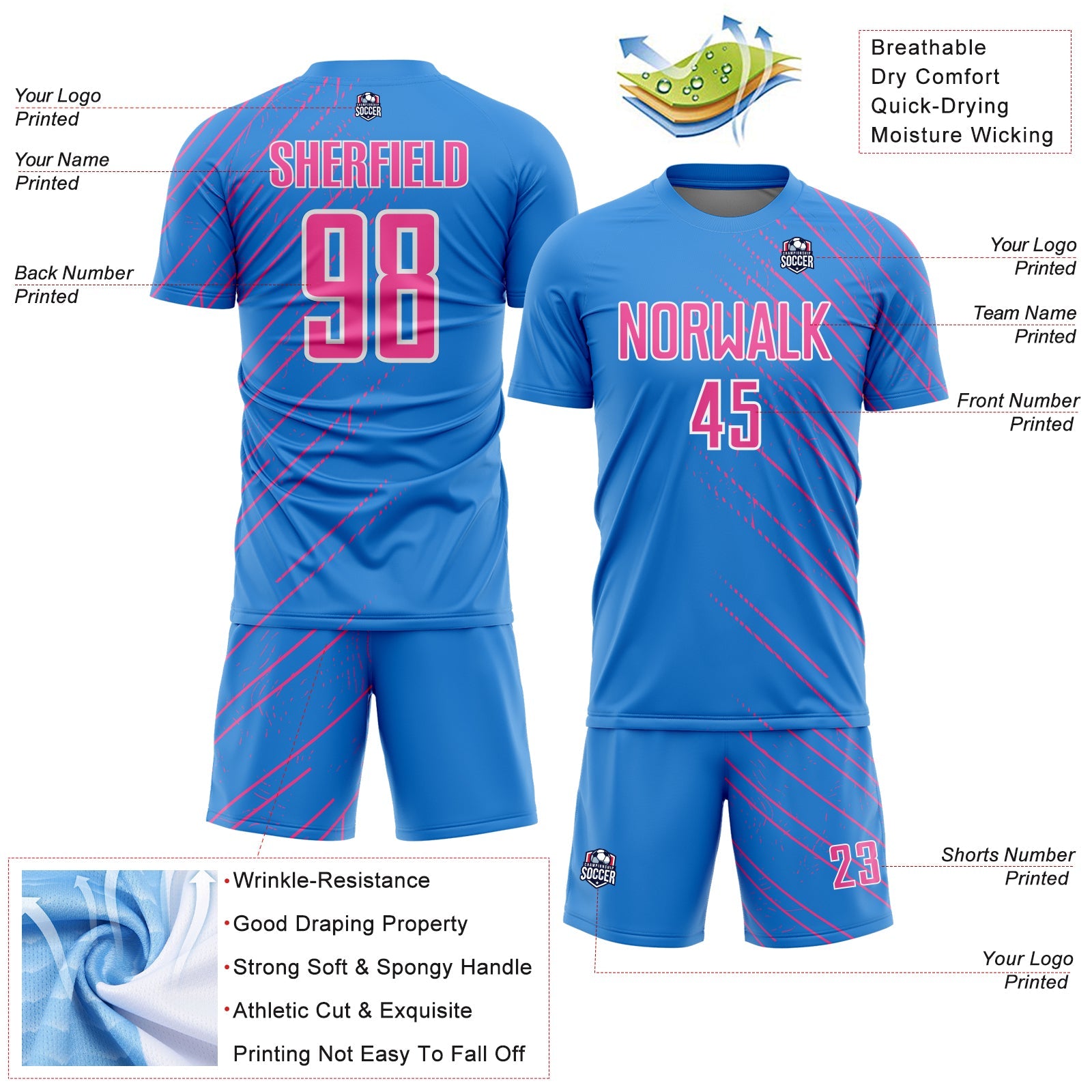 Custom Powder Blue Pink-White Lines Sports Sublimation Soccer Uniform Jersey