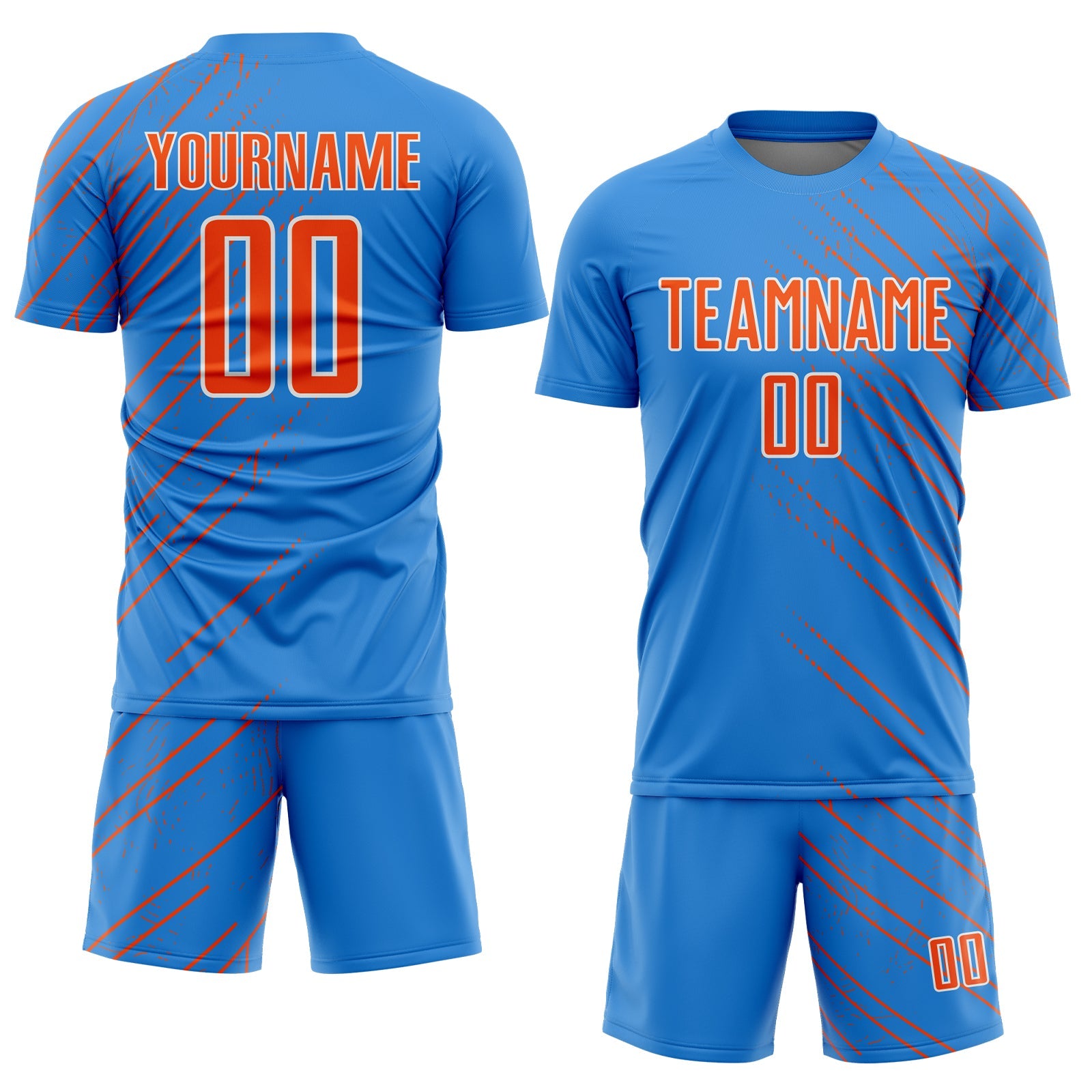 Custom Powder Blue Orange-White Lines Sports Sublimation Soccer Uniform Jersey