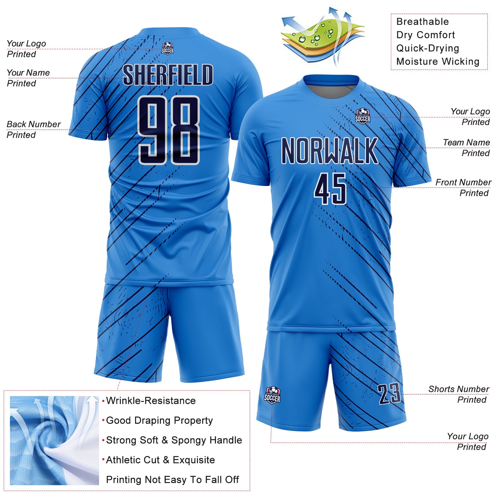 Custom Powder Blue Navy-White Lines Sports Sublimation Soccer Uniform Jersey
