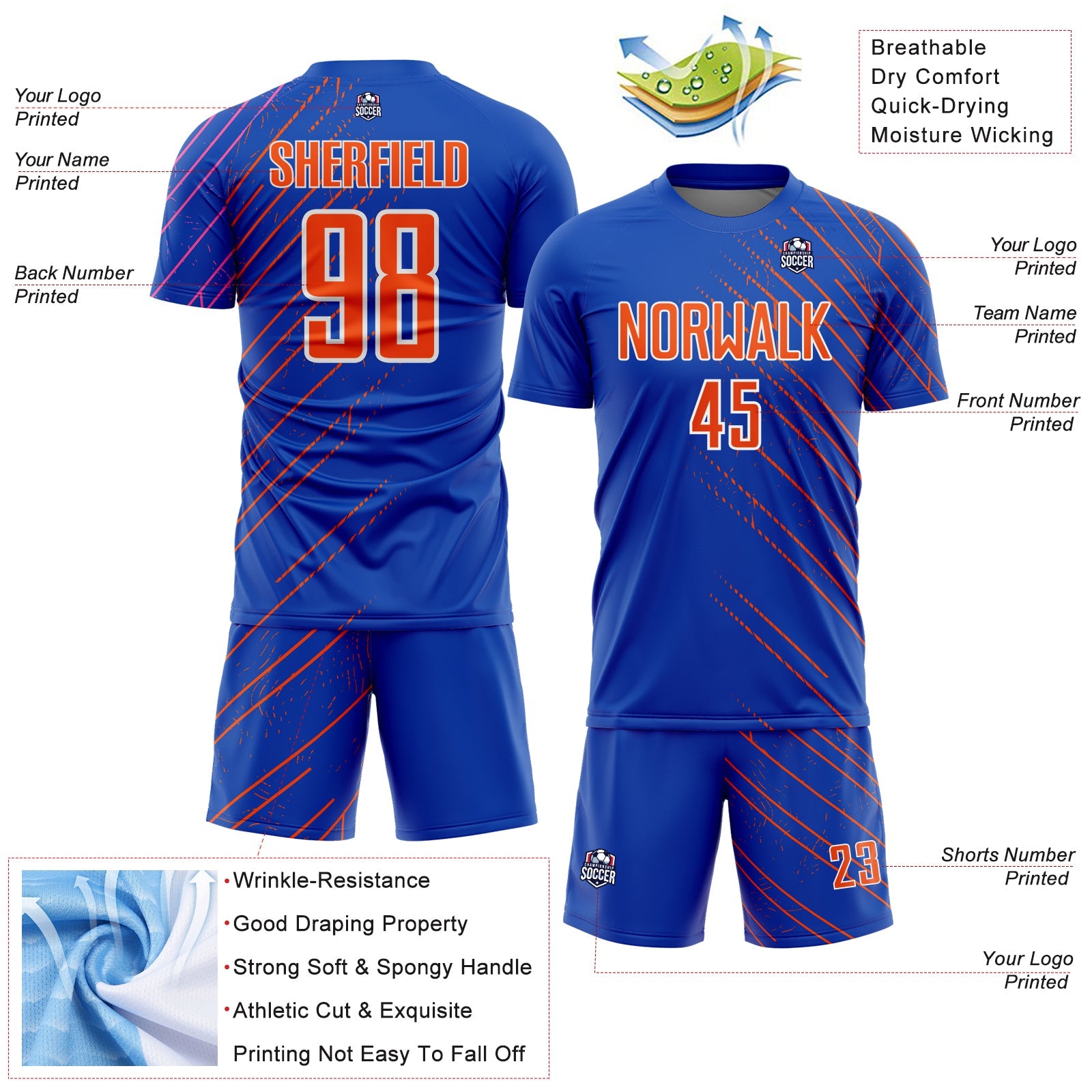 Custom Thunder Blue Orange-White Lines Sports Sublimation Soccer Uniform Jersey