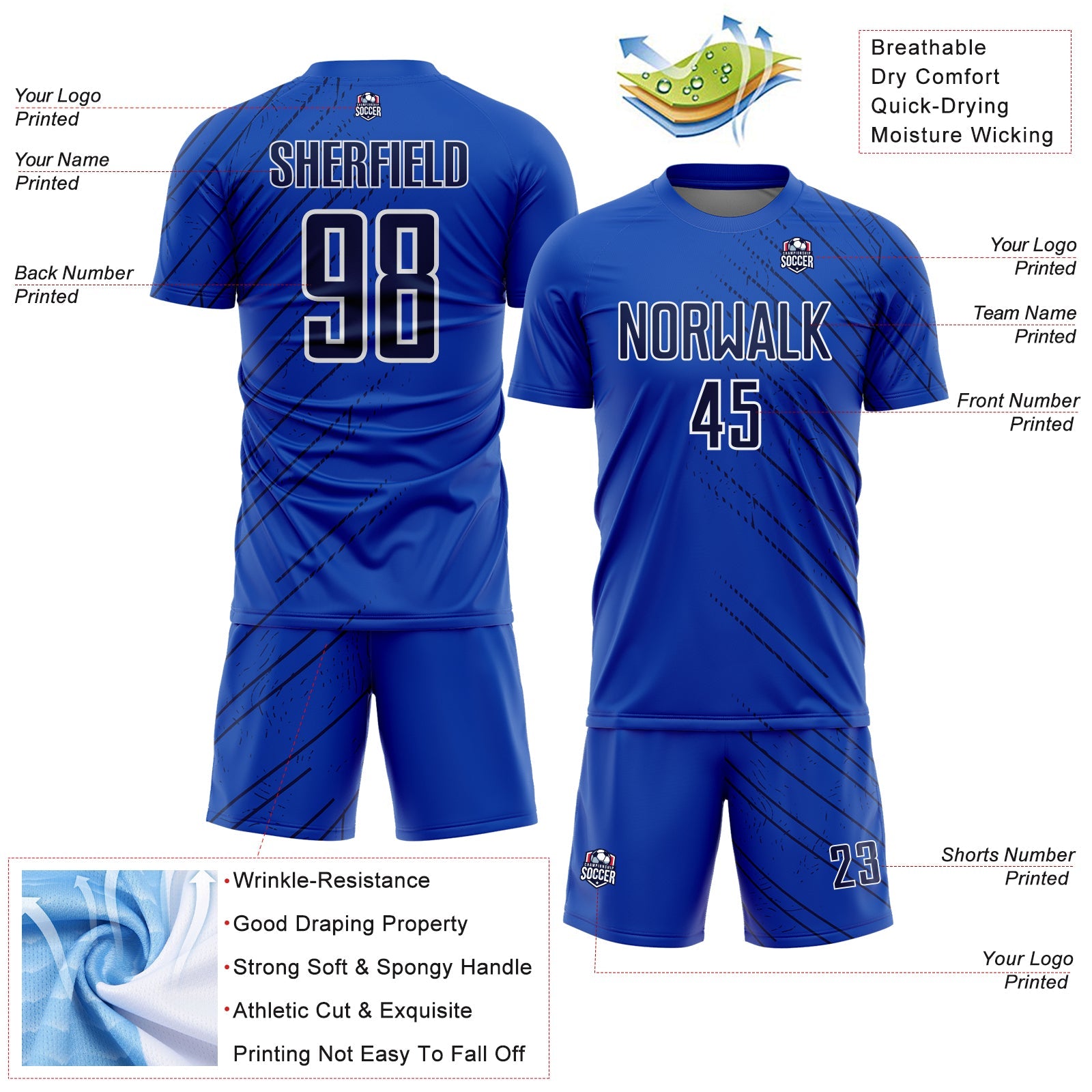 Custom Thunder Blue Navy-White Lines Sports Sublimation Soccer Uniform Jersey