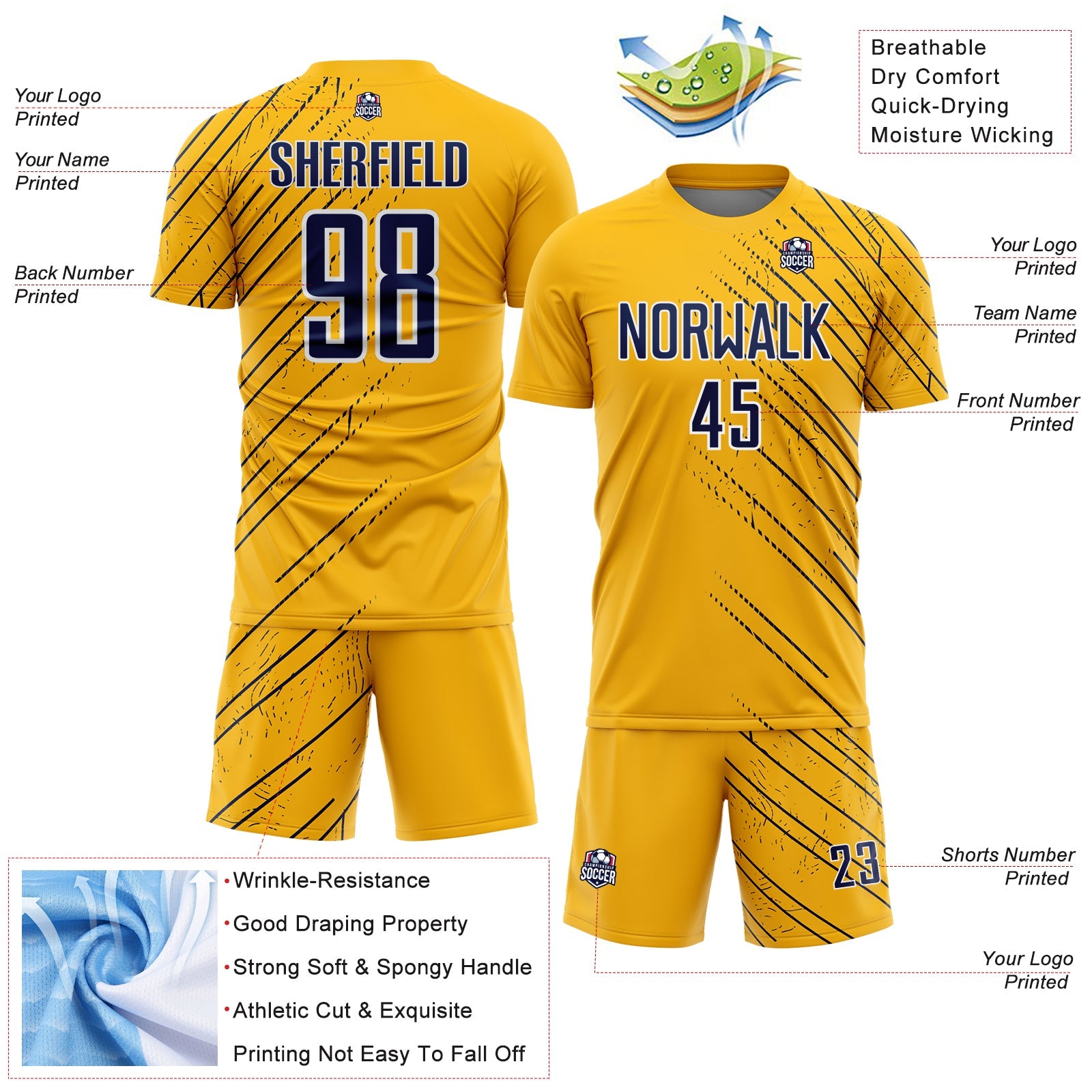Custom Gold Navy-White Lines Sports Sublimation Soccer Uniform Jersey