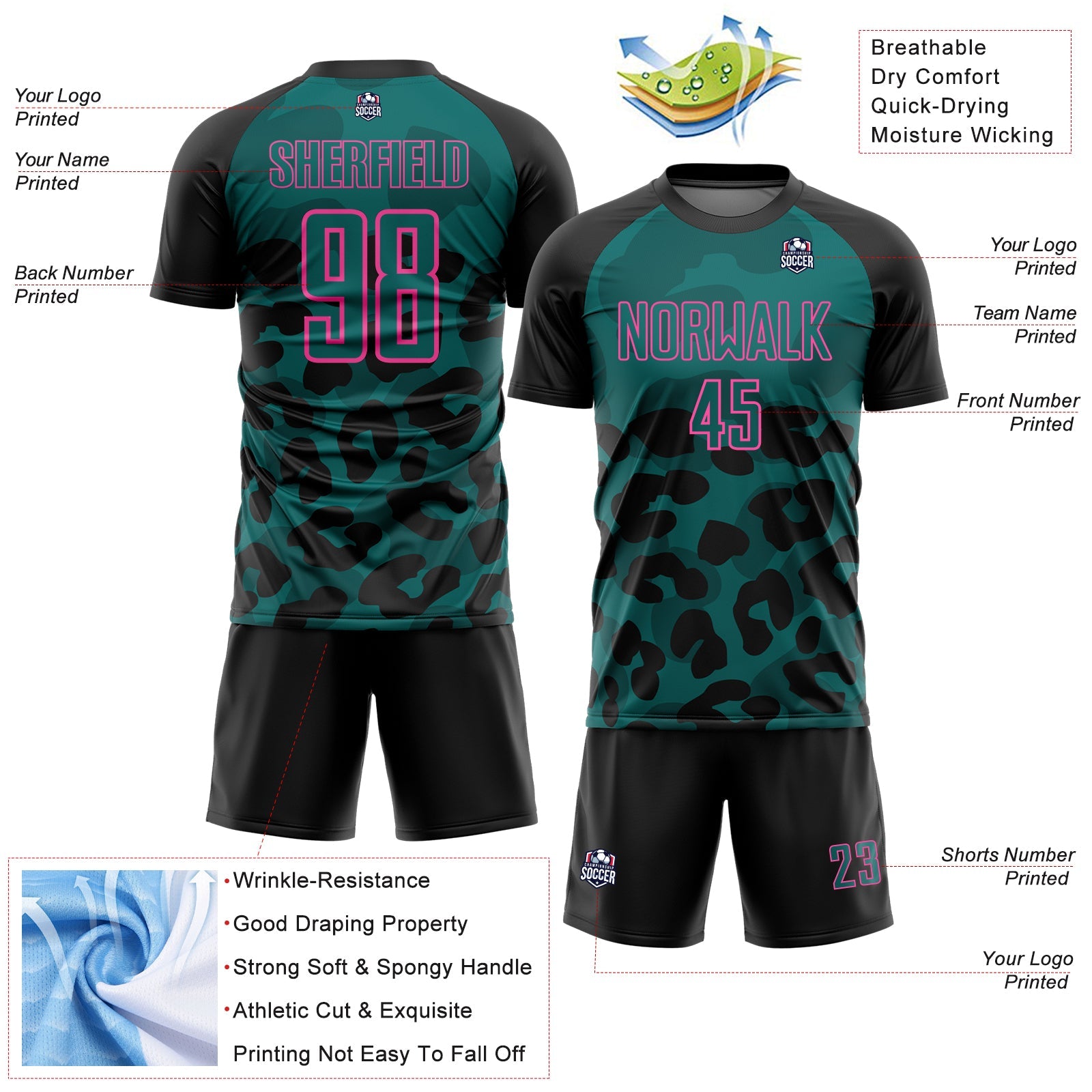 Custom Black Teal-Pink Animal Leopard Print Sports Sublimation Soccer Uniform Jersey