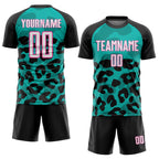 Custom Black White Aqua-Pink Animal Leopard Print Sports Sublimation Soccer Uniform Jersey