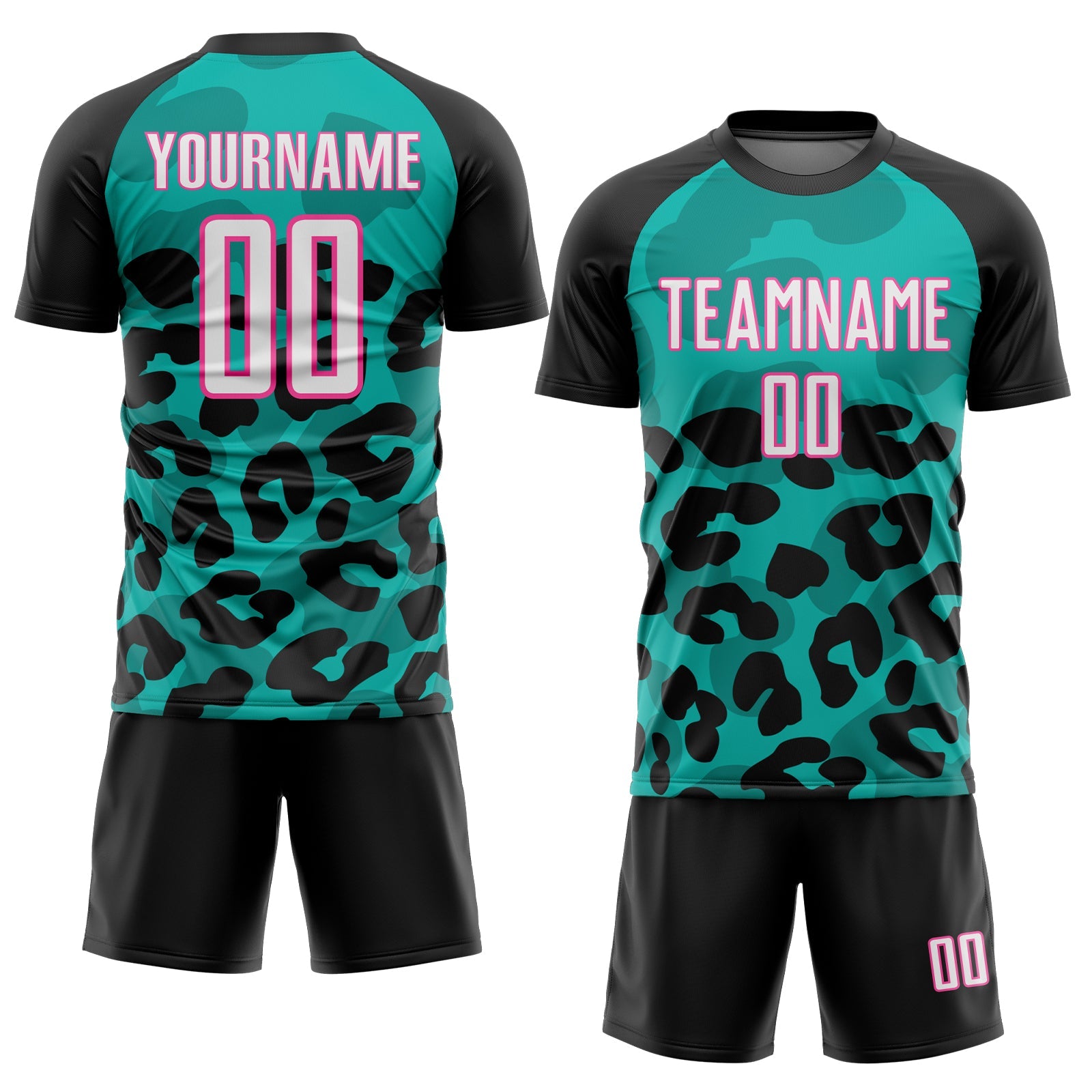 Custom Black White Aqua-Pink Animal Leopard Print Sports Sublimation Soccer Uniform Jersey