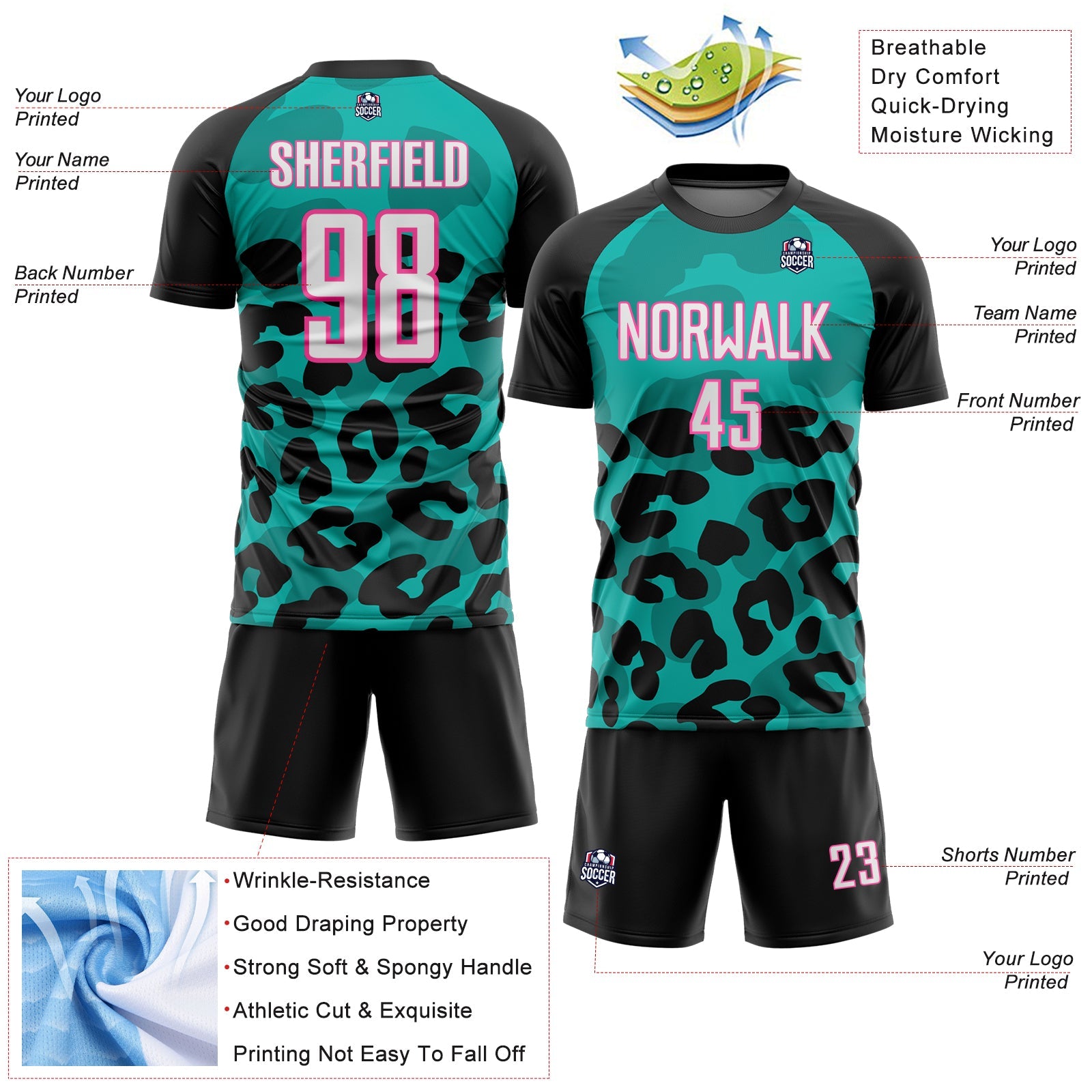 Custom Black White Aqua-Pink Animal Leopard Print Sports Sublimation Soccer Uniform Jersey