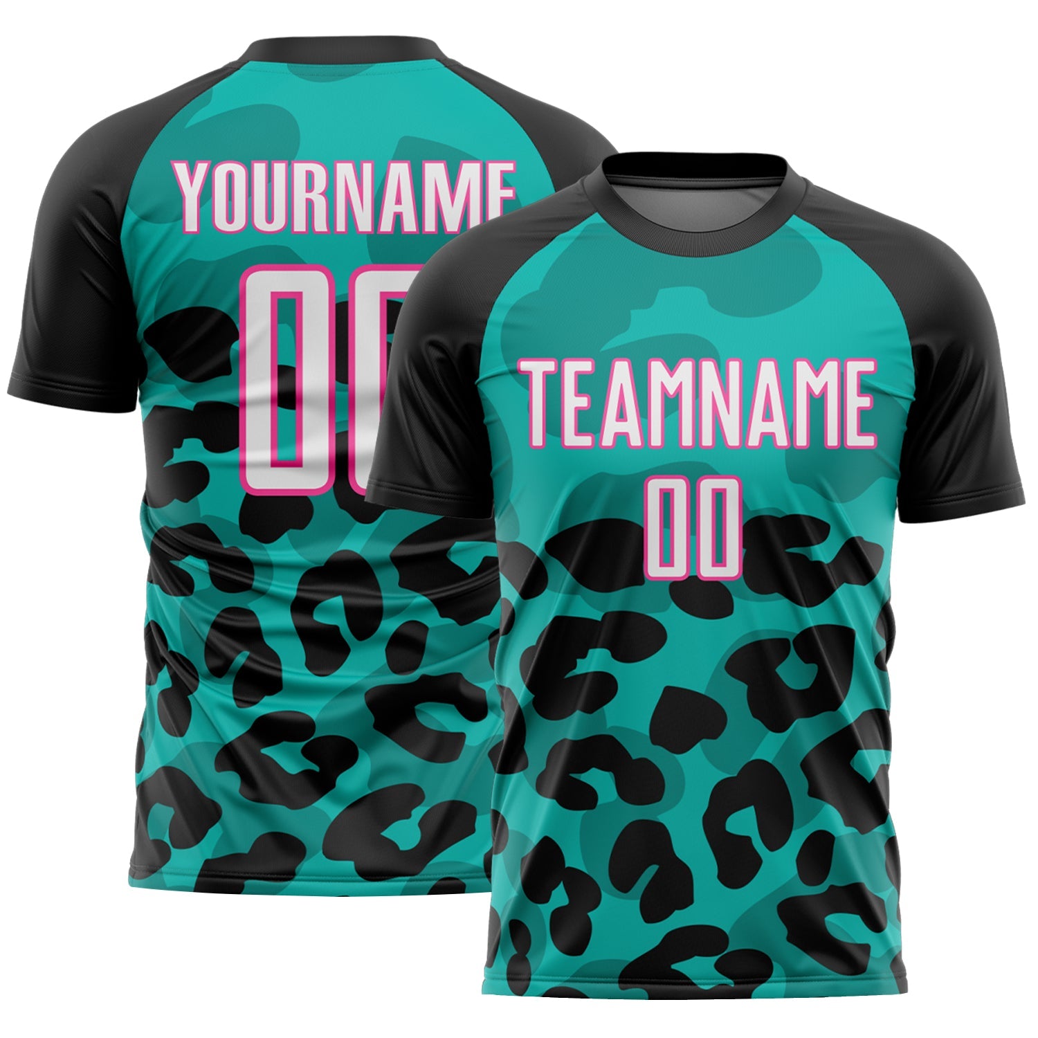 Custom Black White Aqua-Pink Animal Leopard Print Sports Sublimation Soccer Uniform Jersey