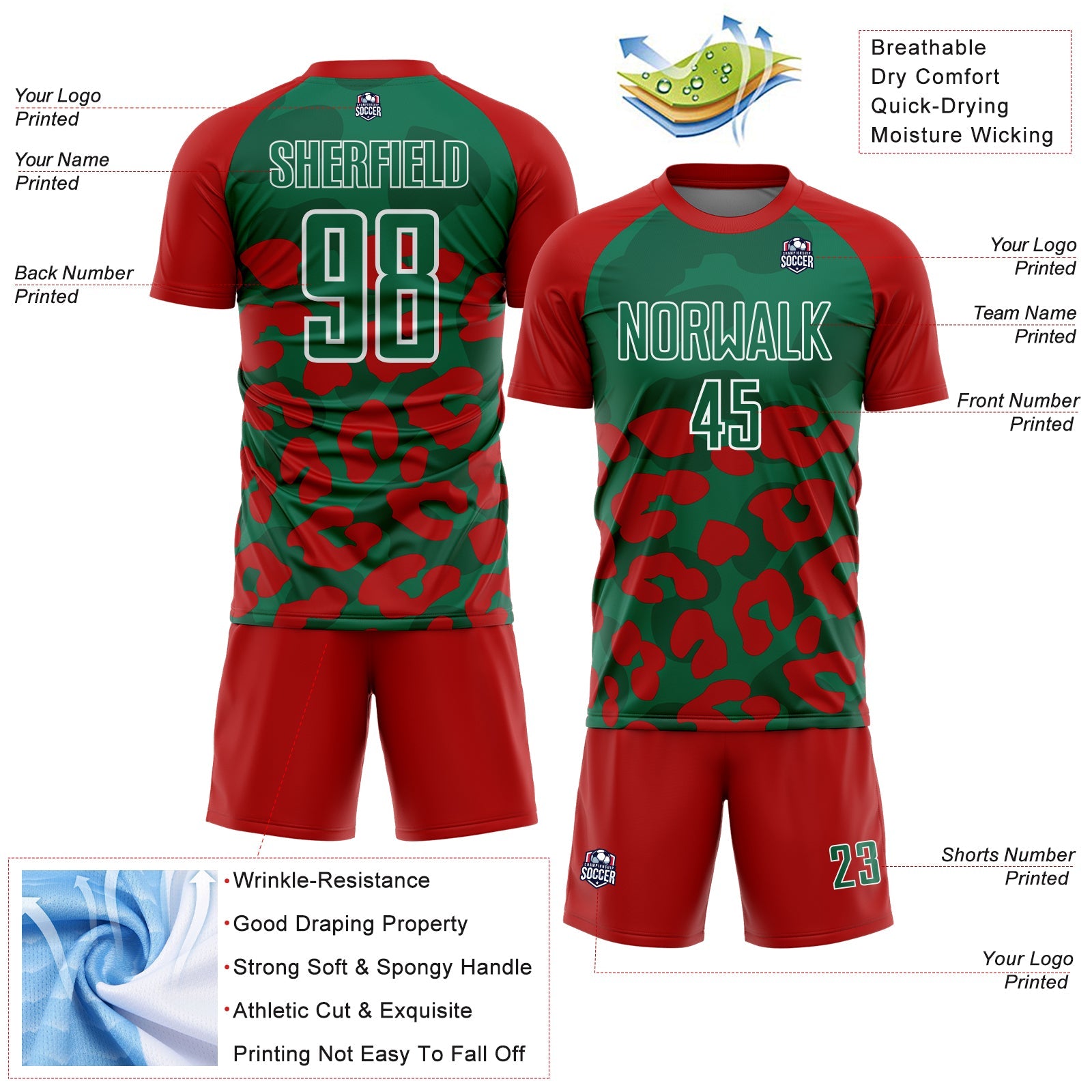 Custom Red Kelly Green-White Animal Leopard Print Sports Sublimation Soccer Uniform Jersey