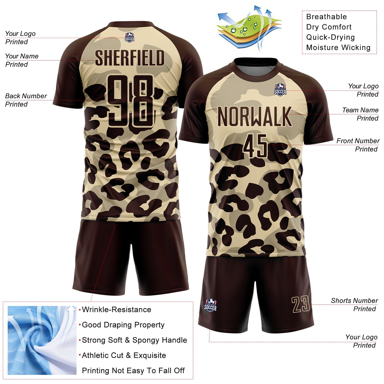 Custom Brown Cream Animal Leopard Print Sports Sublimation Soccer Uniform Jersey