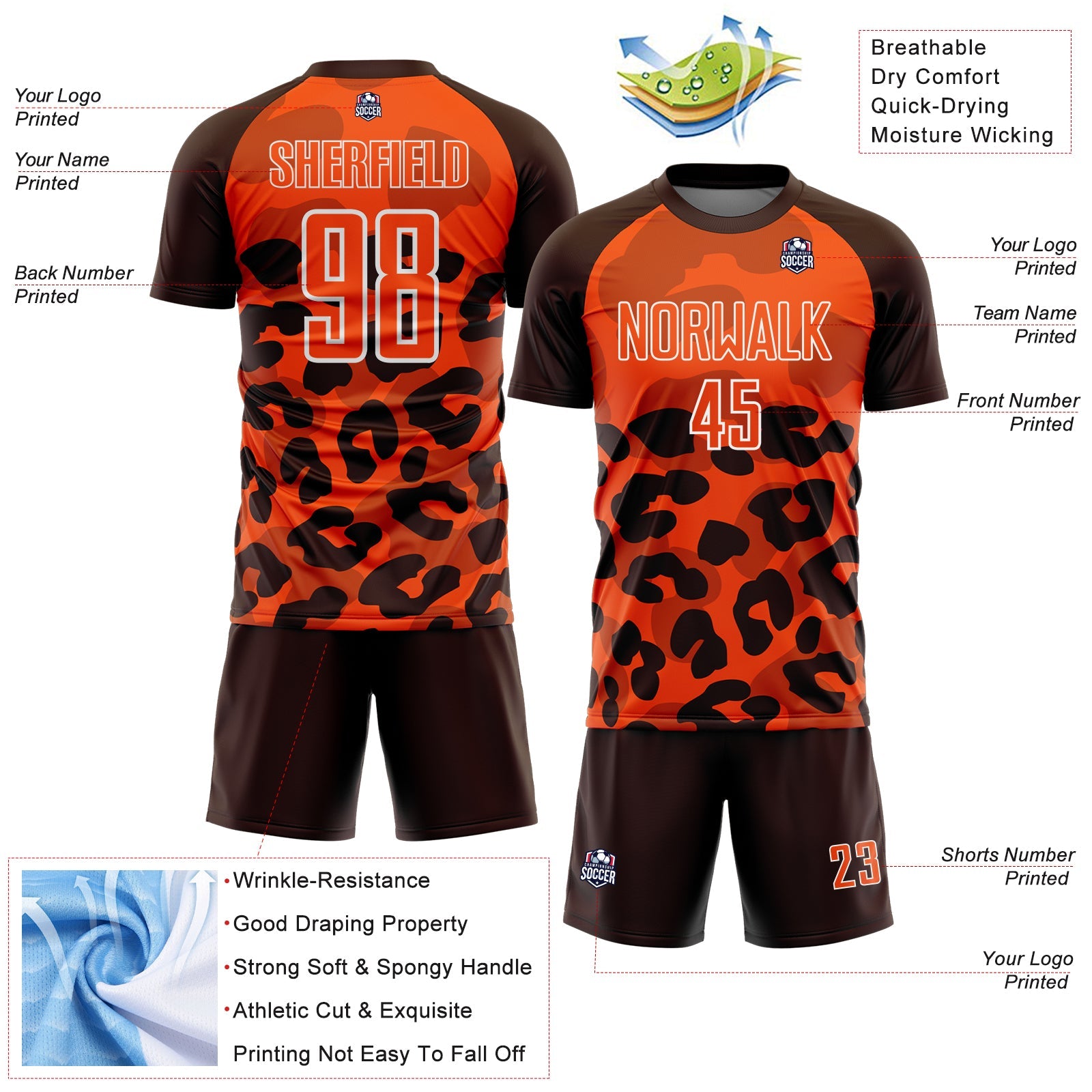 Custom Brown Orange-White Animal Leopard Print Sports Sublimation Soccer Uniform Jersey