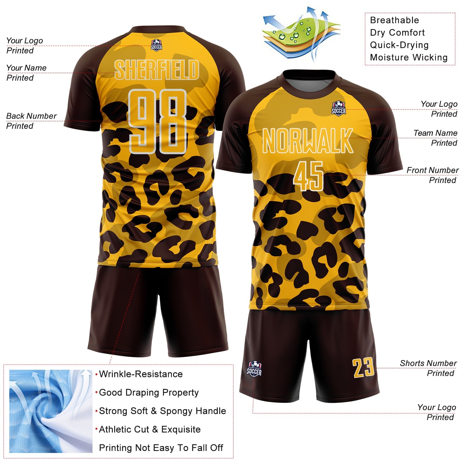 Custom Brown Gold-White Animal Leopard Print Sports Sublimation Soccer Uniform Jersey