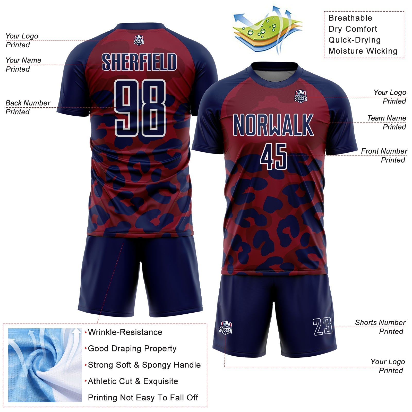 Custom Navy Crimson-White Animal Leopard Print Sports Sublimation Soccer Uniform Jersey