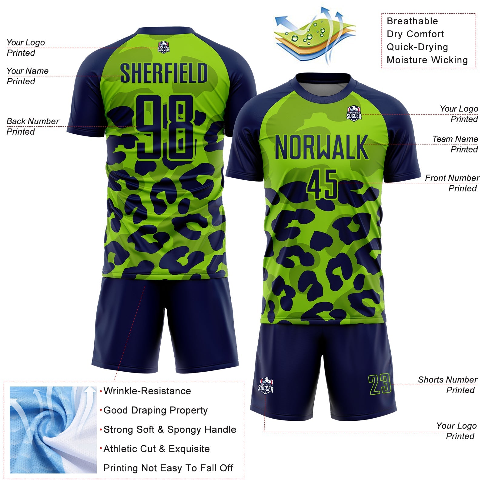 Custom Navy Neon Green Animal Leopard Print Sports Sublimation Soccer Uniform Jersey