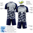 Custom Navy Silver-White Animal Leopard Print Sports Sublimation Soccer Uniform Jersey