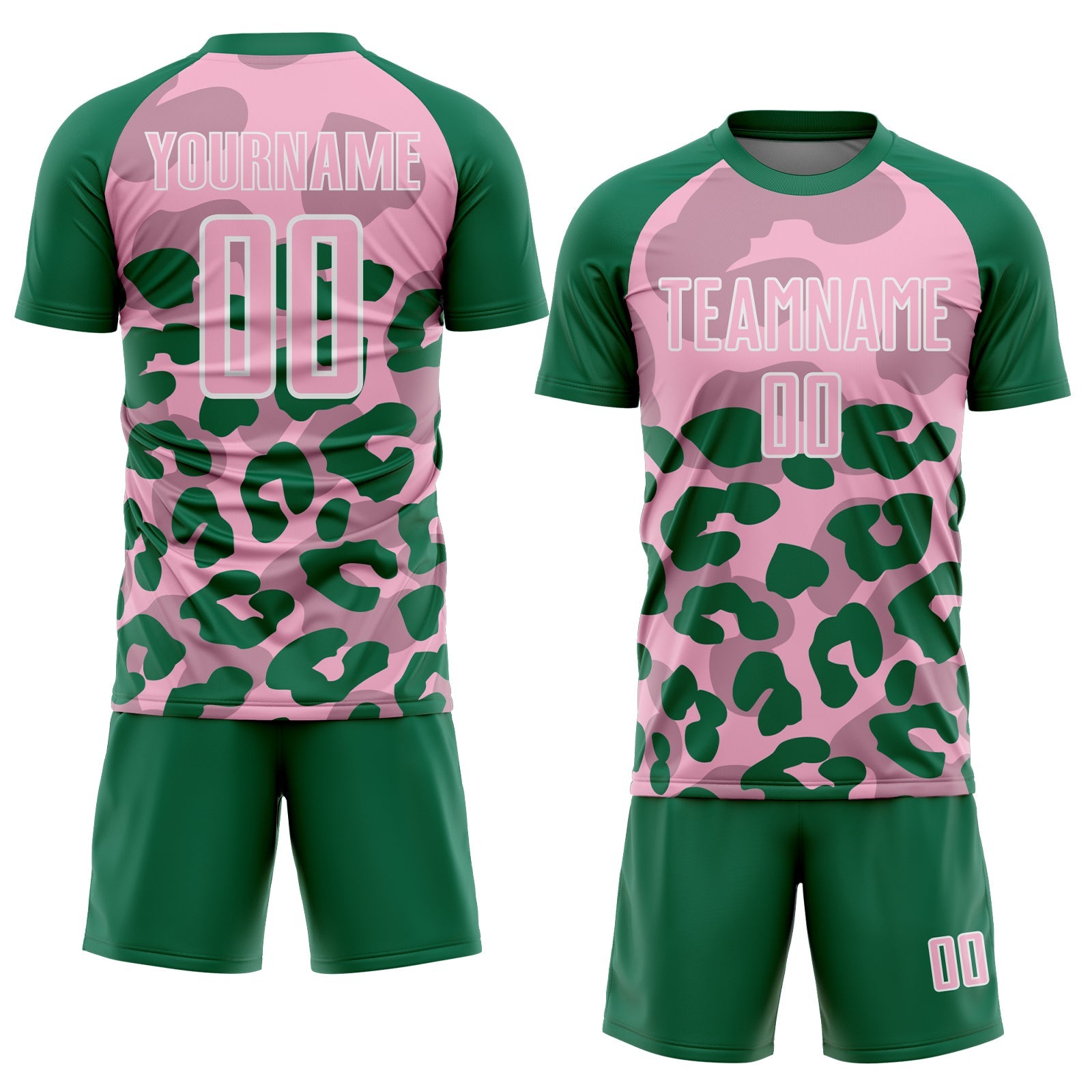 Custom Kelly Green Light Pink-White Animal Leopard Print Sports Sublimation Soccer Uniform Jersey