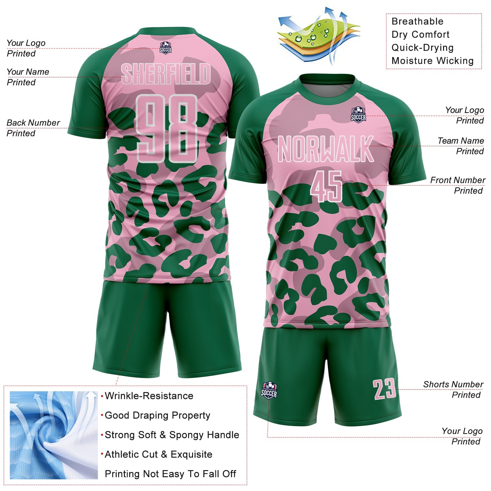 Custom Kelly Green Light Pink-White Animal Leopard Print Sports Sublimation Soccer Uniform Jersey