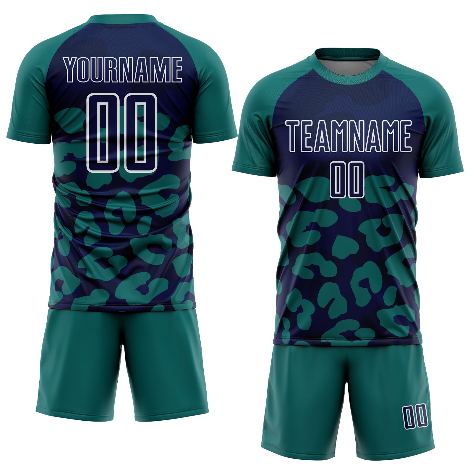 Custom Teal Navy-White Animal Leopard Print Sports Sublimation Soccer Uniform Jersey