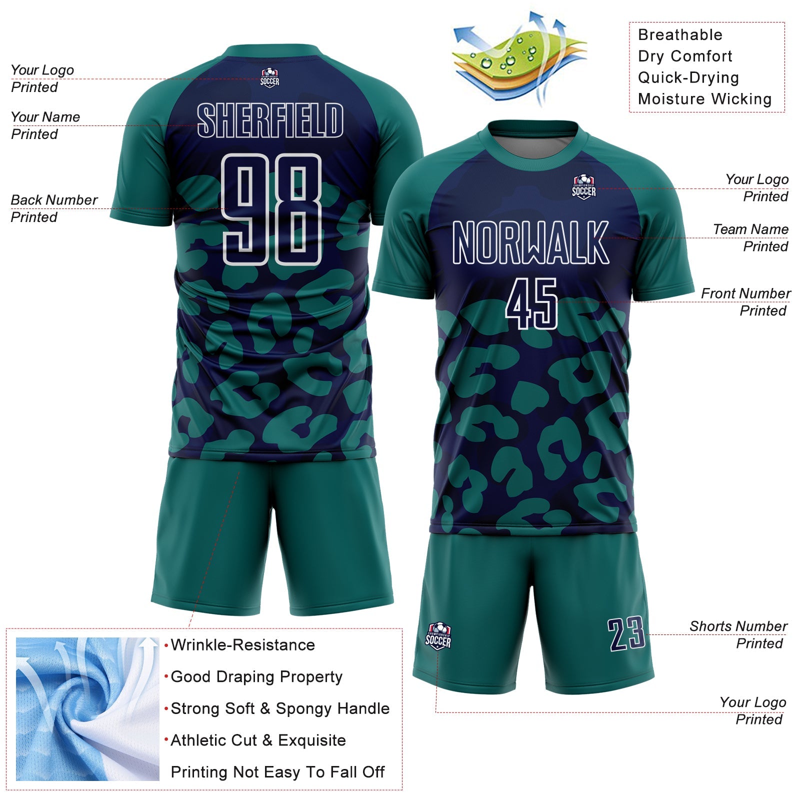 Custom Teal Navy-White Animal Leopard Print Sports Sublimation Soccer Uniform Jersey