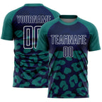 Custom Teal Navy-White Animal Leopard Print Sports Sublimation Soccer Uniform Jersey