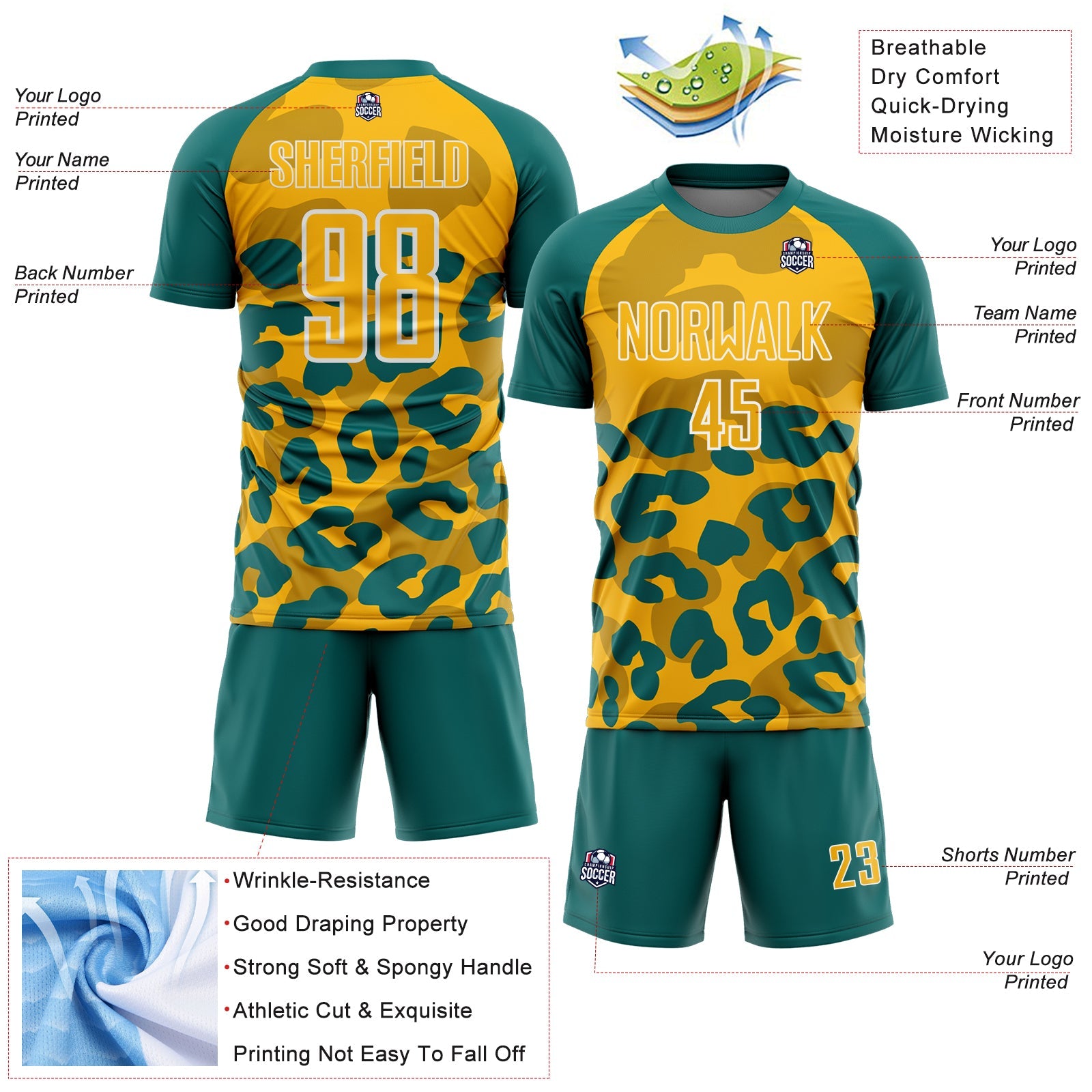 Custom Teal Gold-White Animal Leopard Print Sports Sublimation Soccer Uniform Jersey